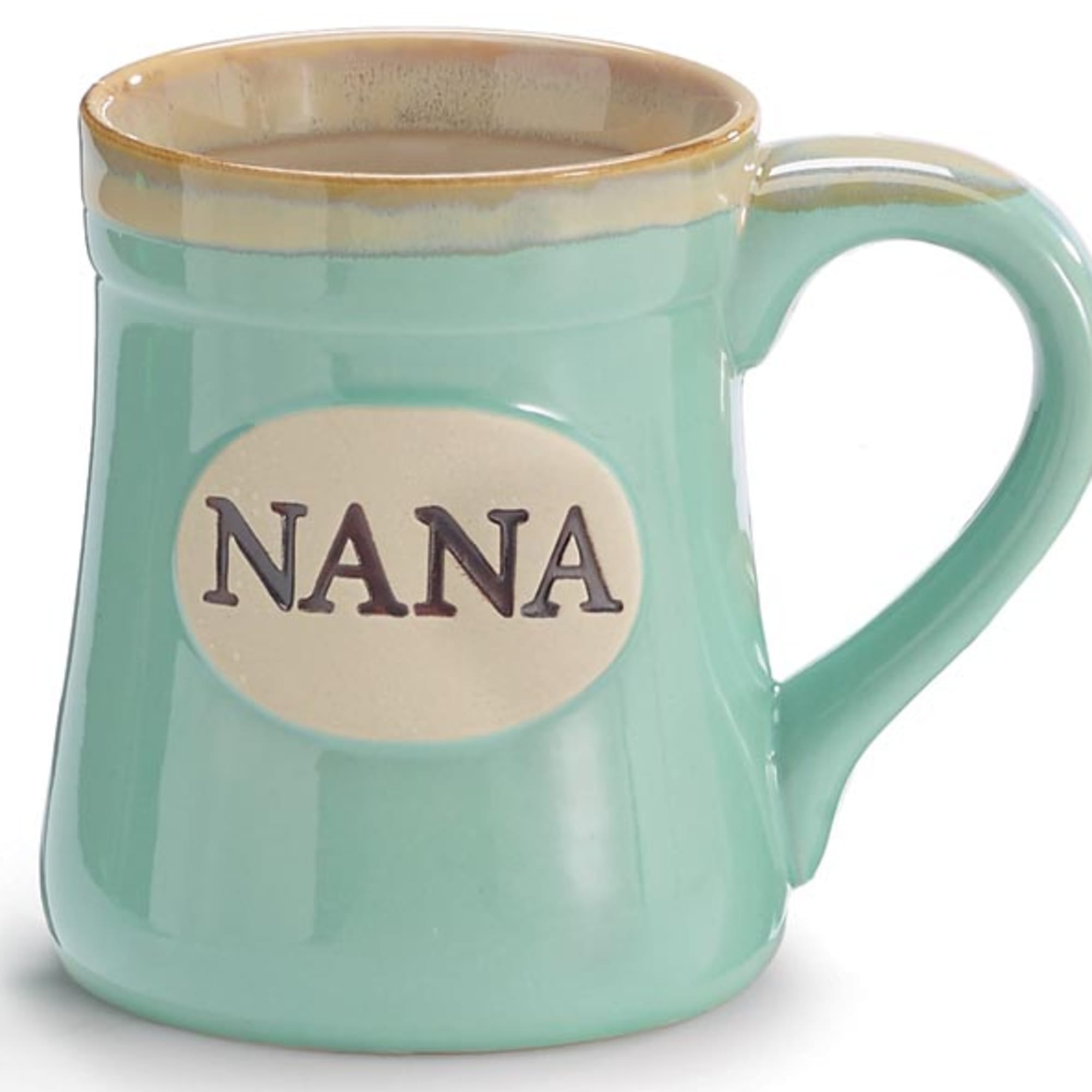 Mint green ceramic mug with the word "NANA" on a cream oval plaque.