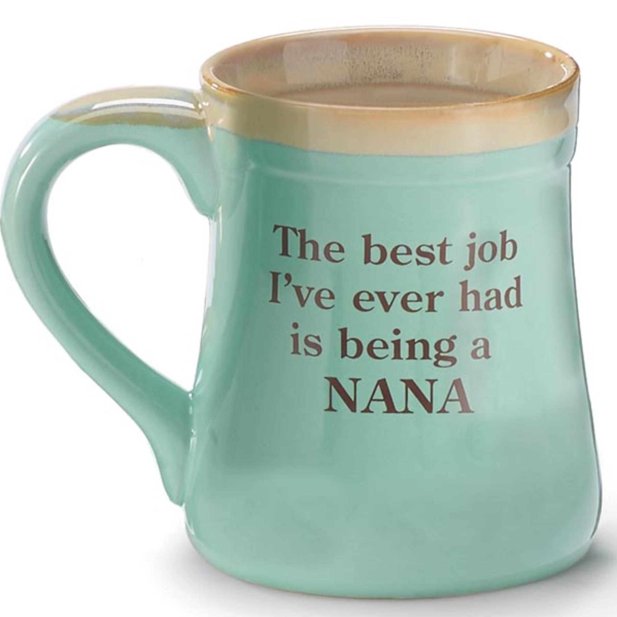 Mint green ceramic mug with a Nana appreciation message in brown text