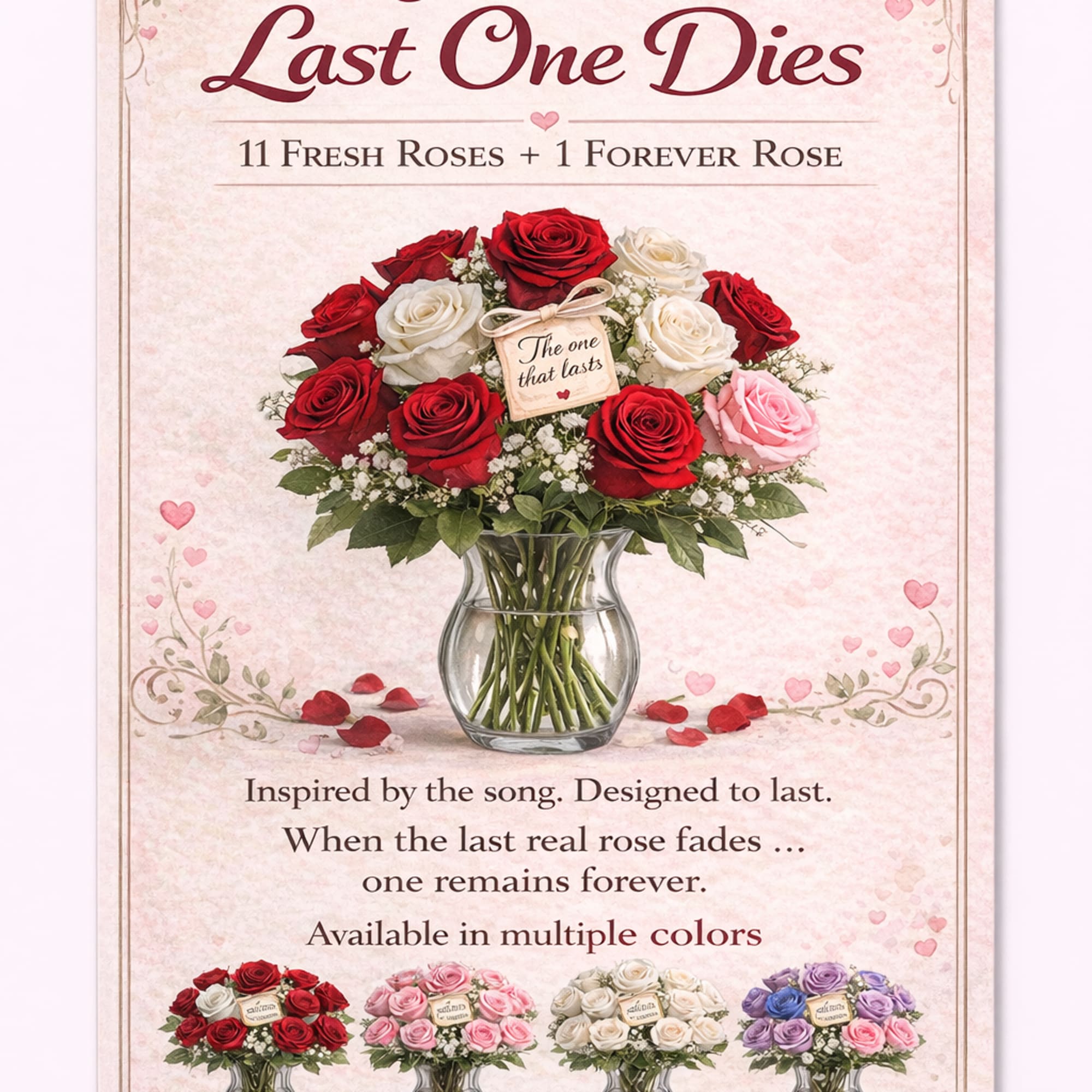 Poster of a rose bouquet in a glass vase with heart decorations and text