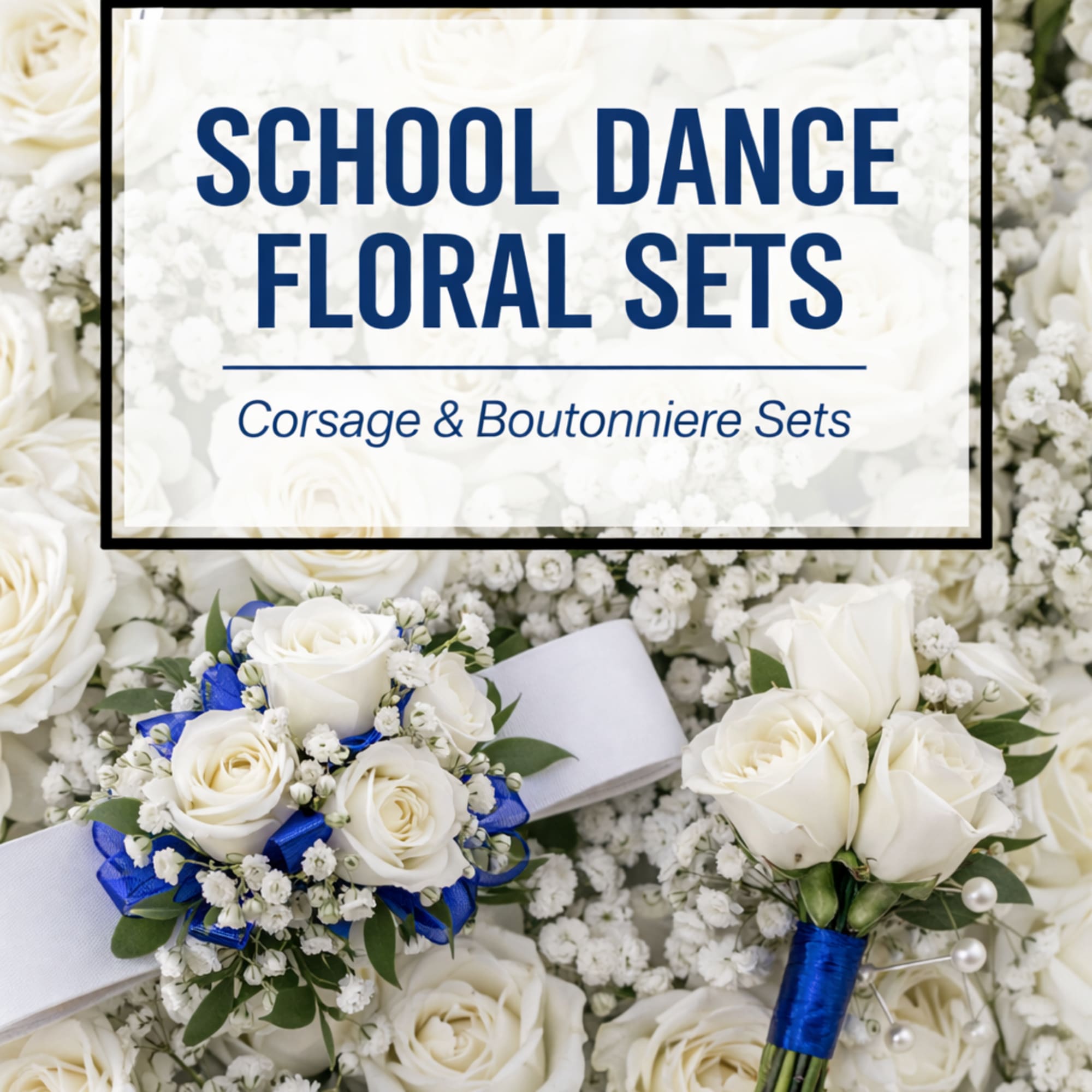 White rose corsage and boutonniere sets with blue ribbon accents