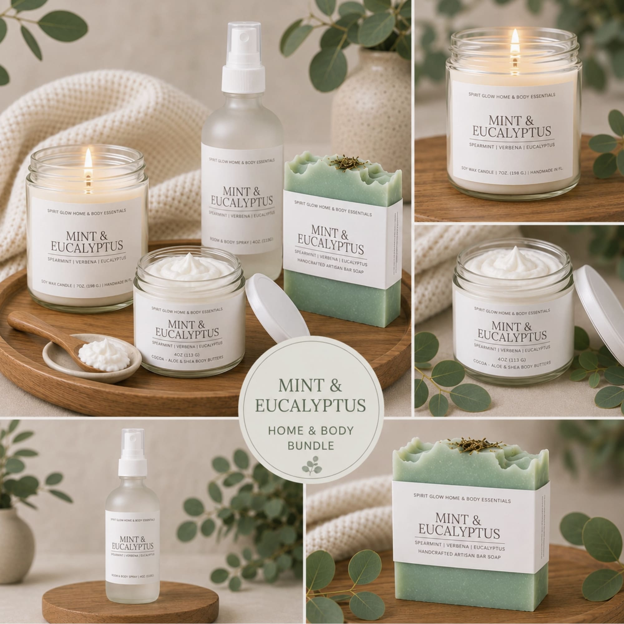 Mint and eucalyptus home and body gift set with candle, spray, soap, and body butter