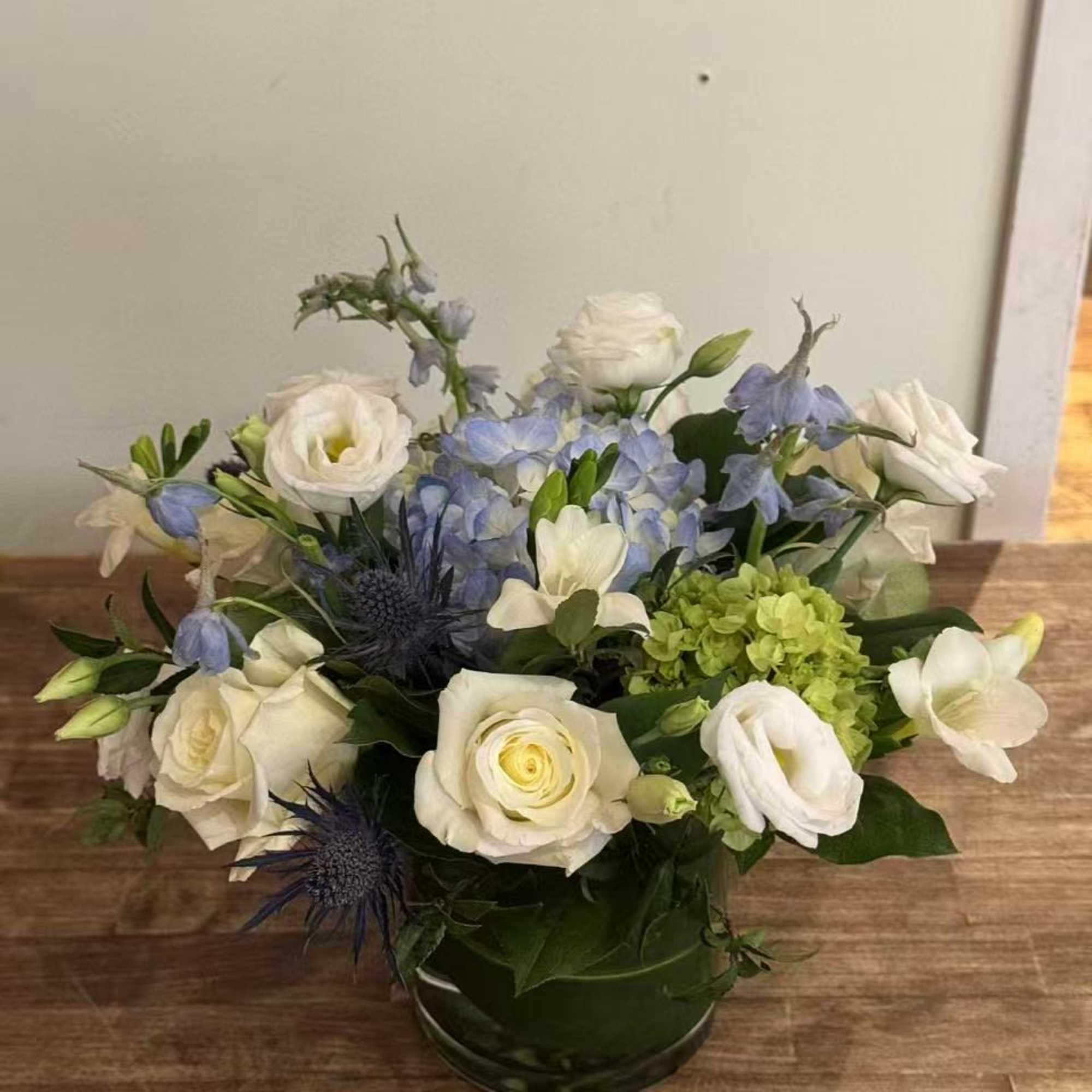 Elegant and refreshing, this soft blue-and-white arrangement brings a calm, garden-inspired feel, photo 2 of 2