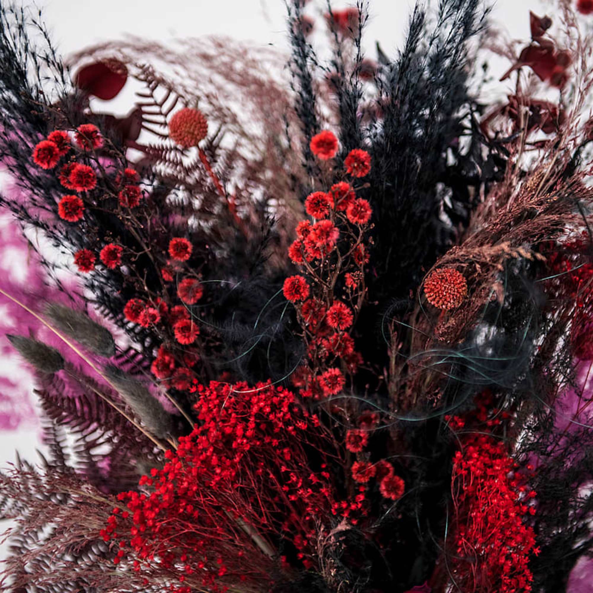 Dried floral arrangement with red accents and dark feathery foliage