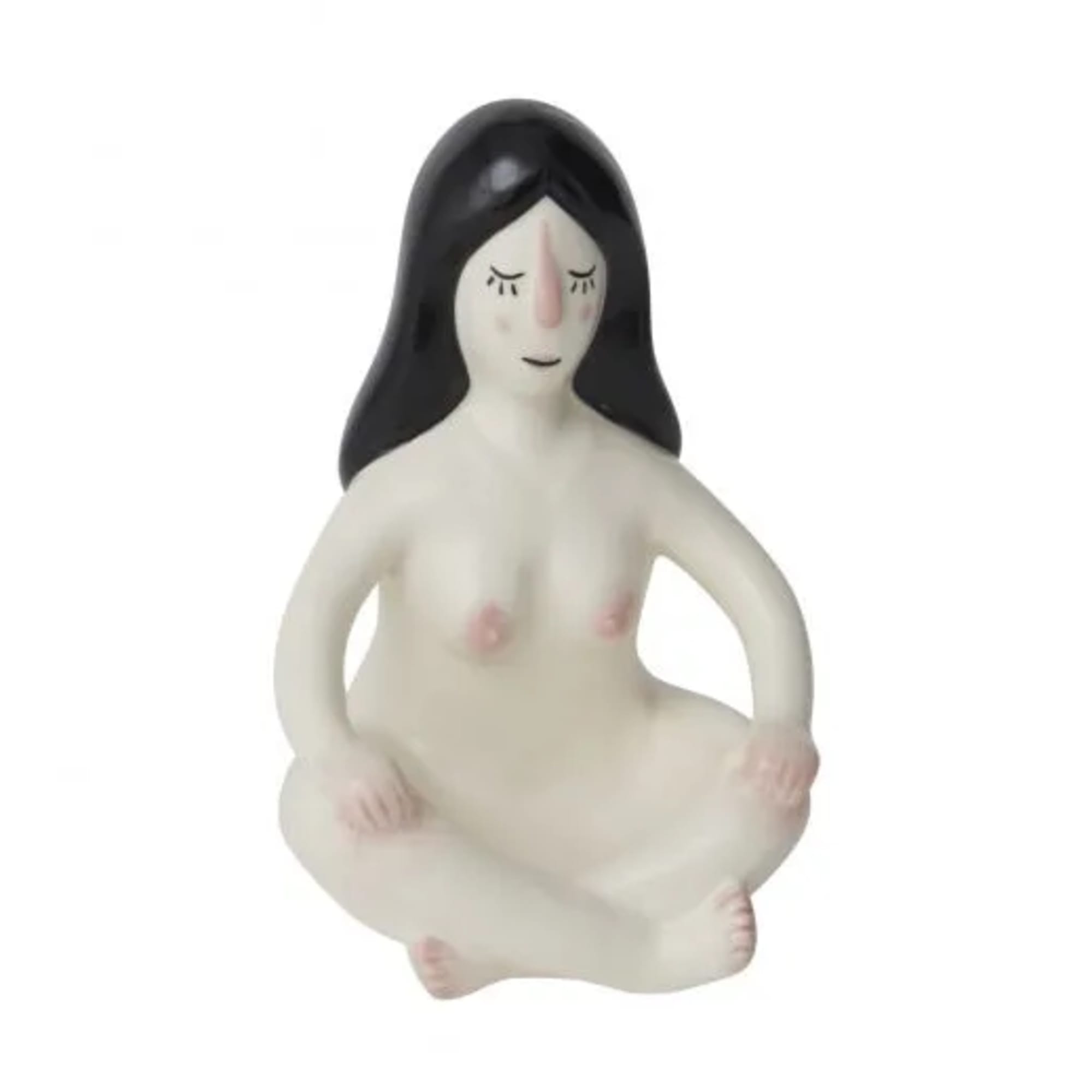 Ceramic figurine of a seated nude woman with black hair