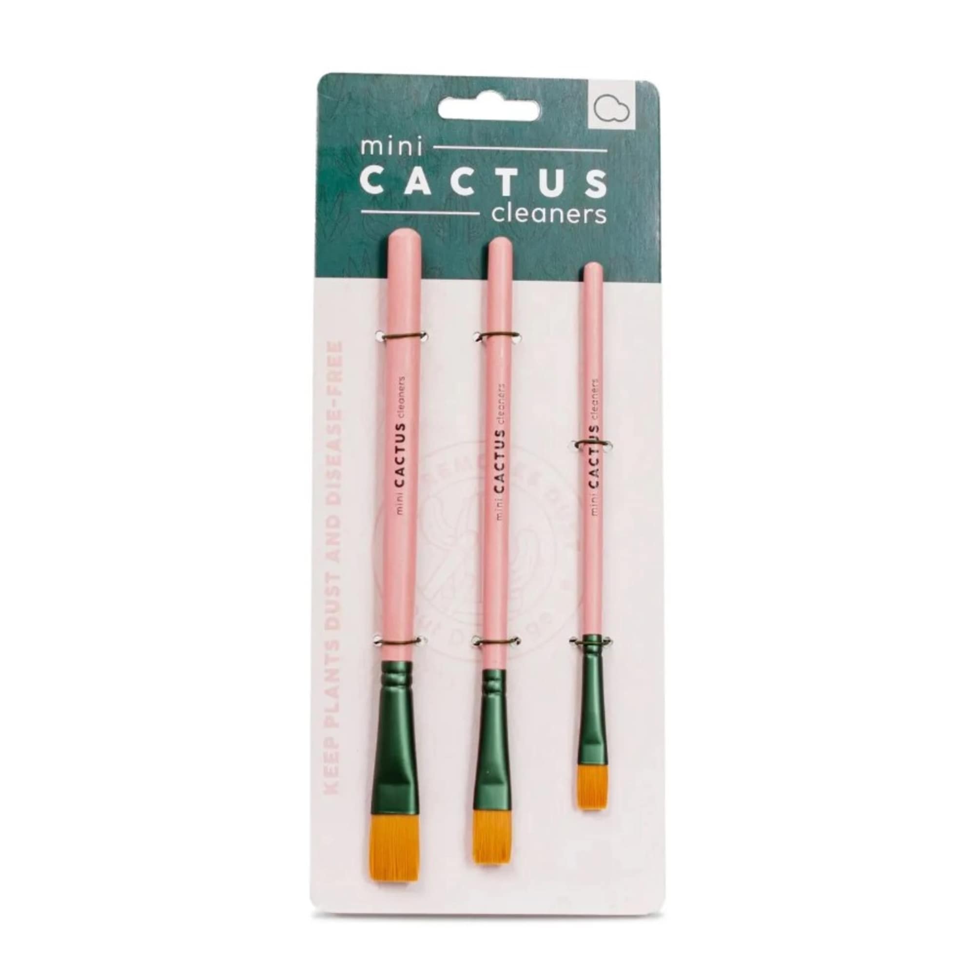 Pack of three mini cactus cleaners with pink handles and green brush ends