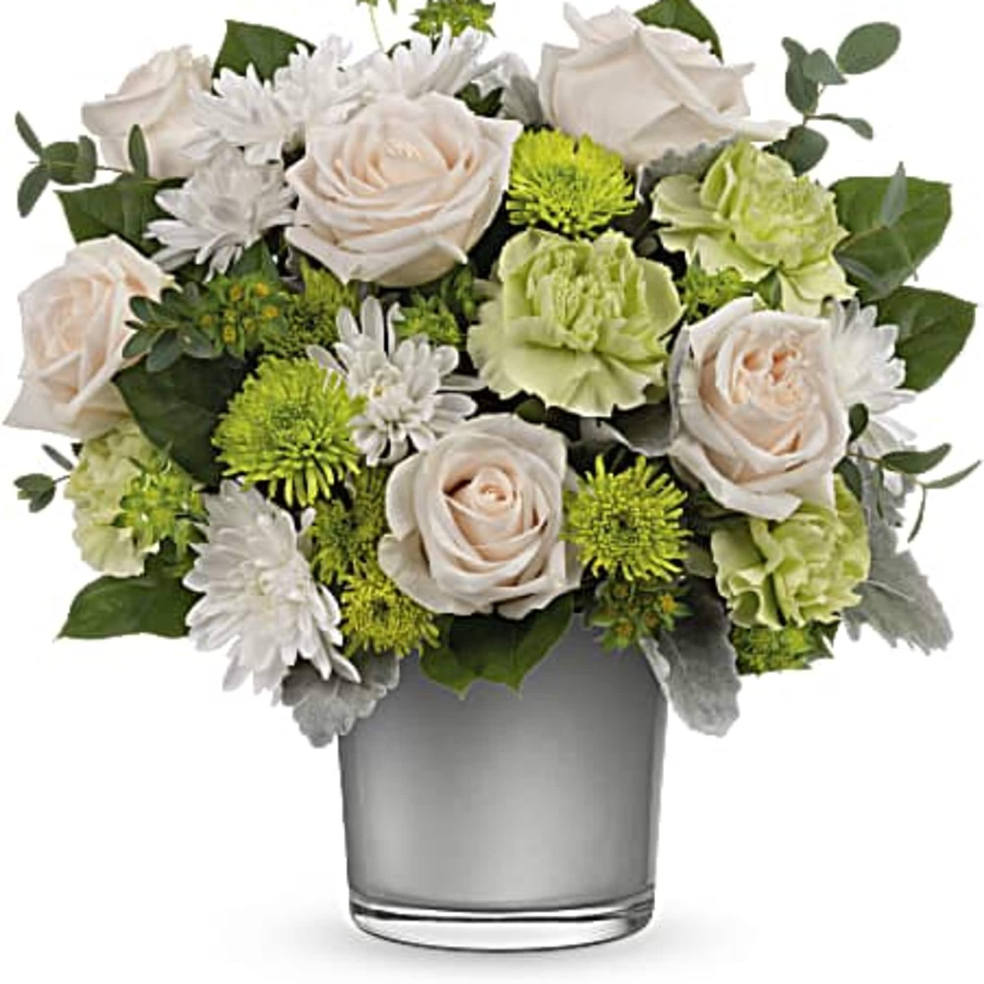 Bouquet of pale roses, white daisies, and green mums in a glass vase