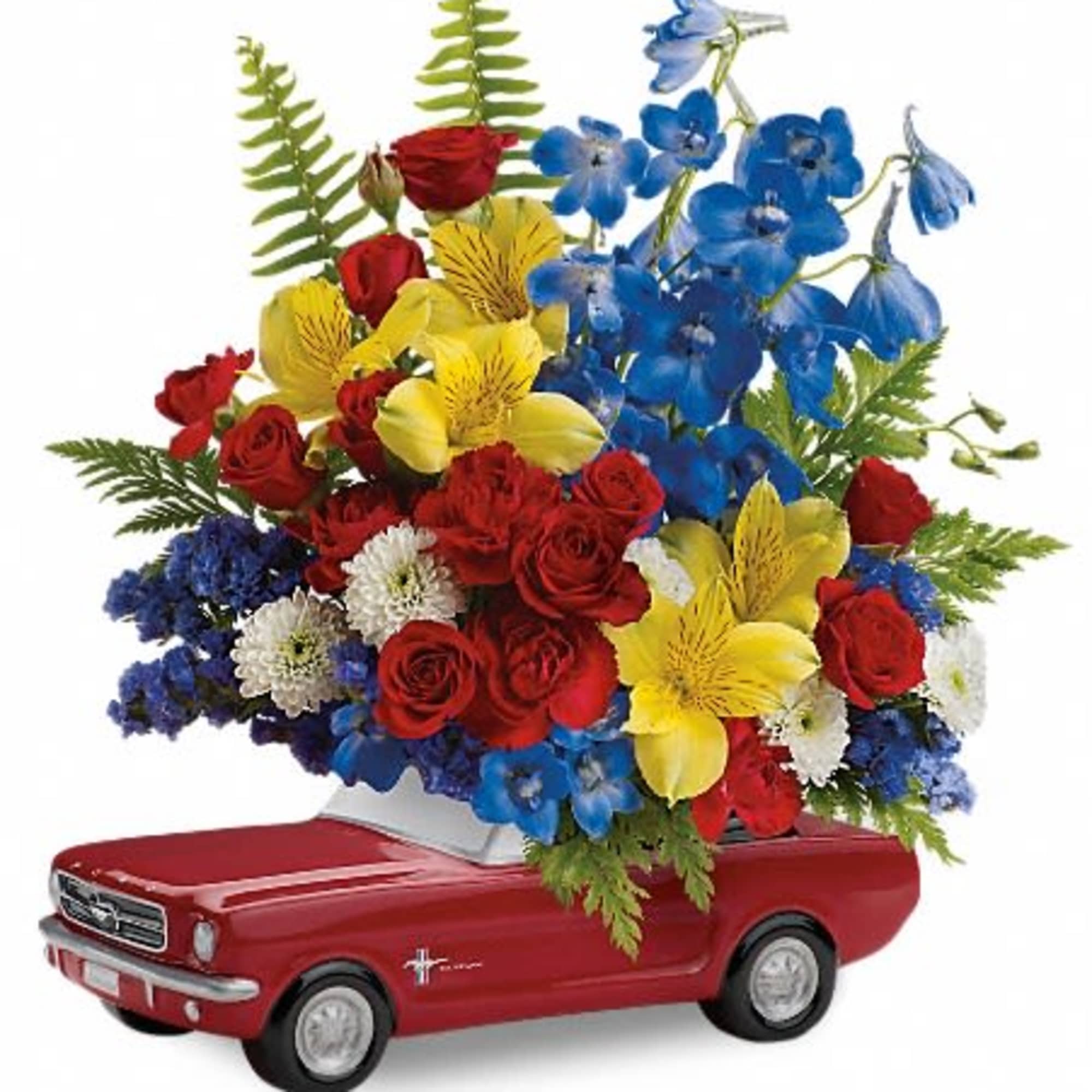 Red toy truck holding a colorful flower arrangement