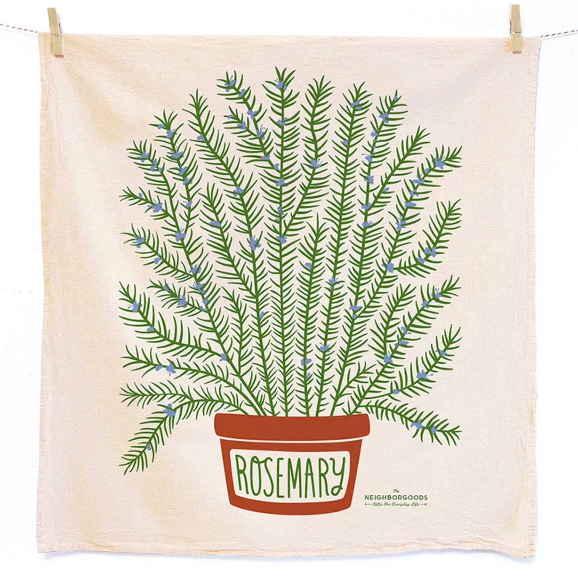 Cotton towel with an illustrated potted rosemary plant labeled Rosemary