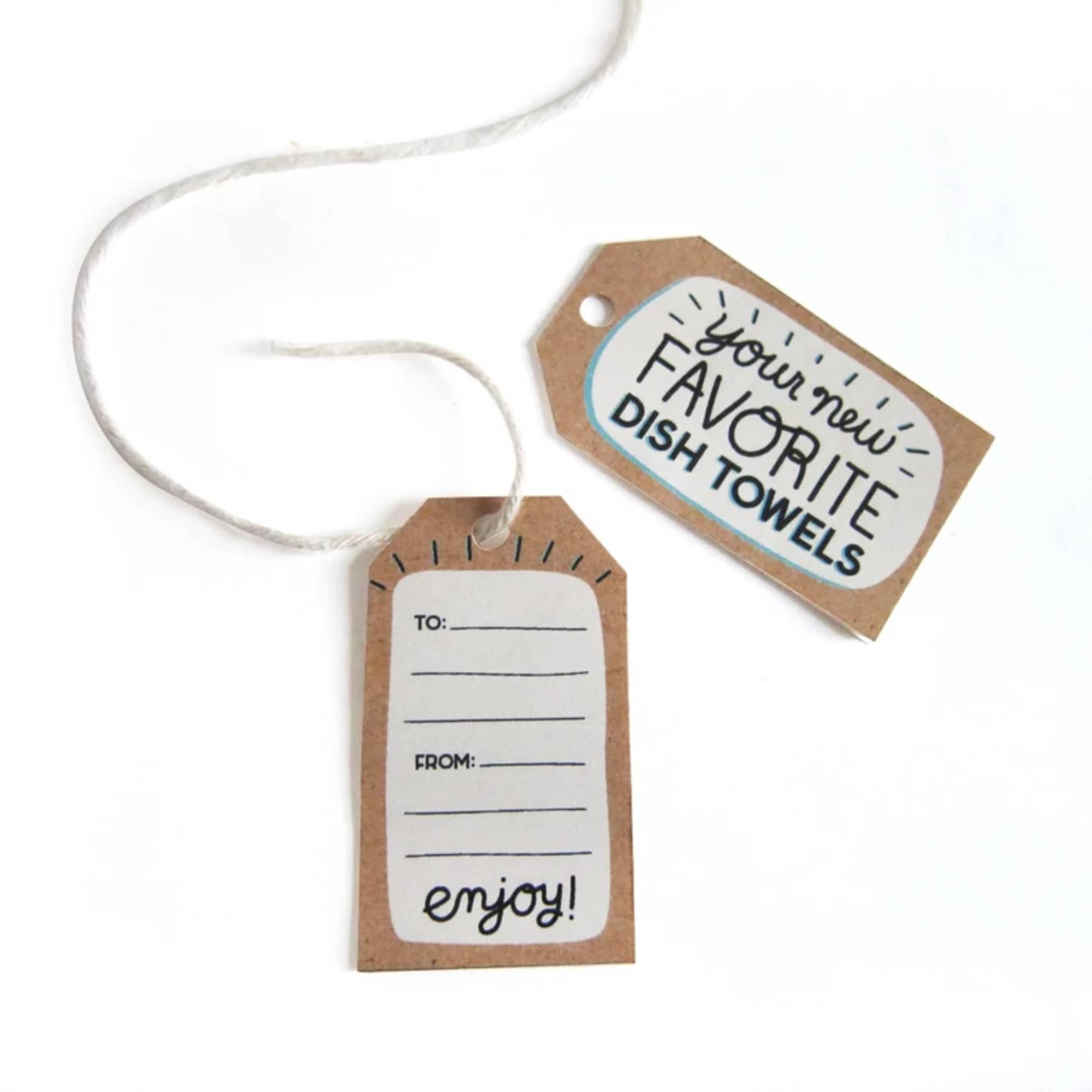 Pair of brown kraft gift tags with white labels and string on a white background