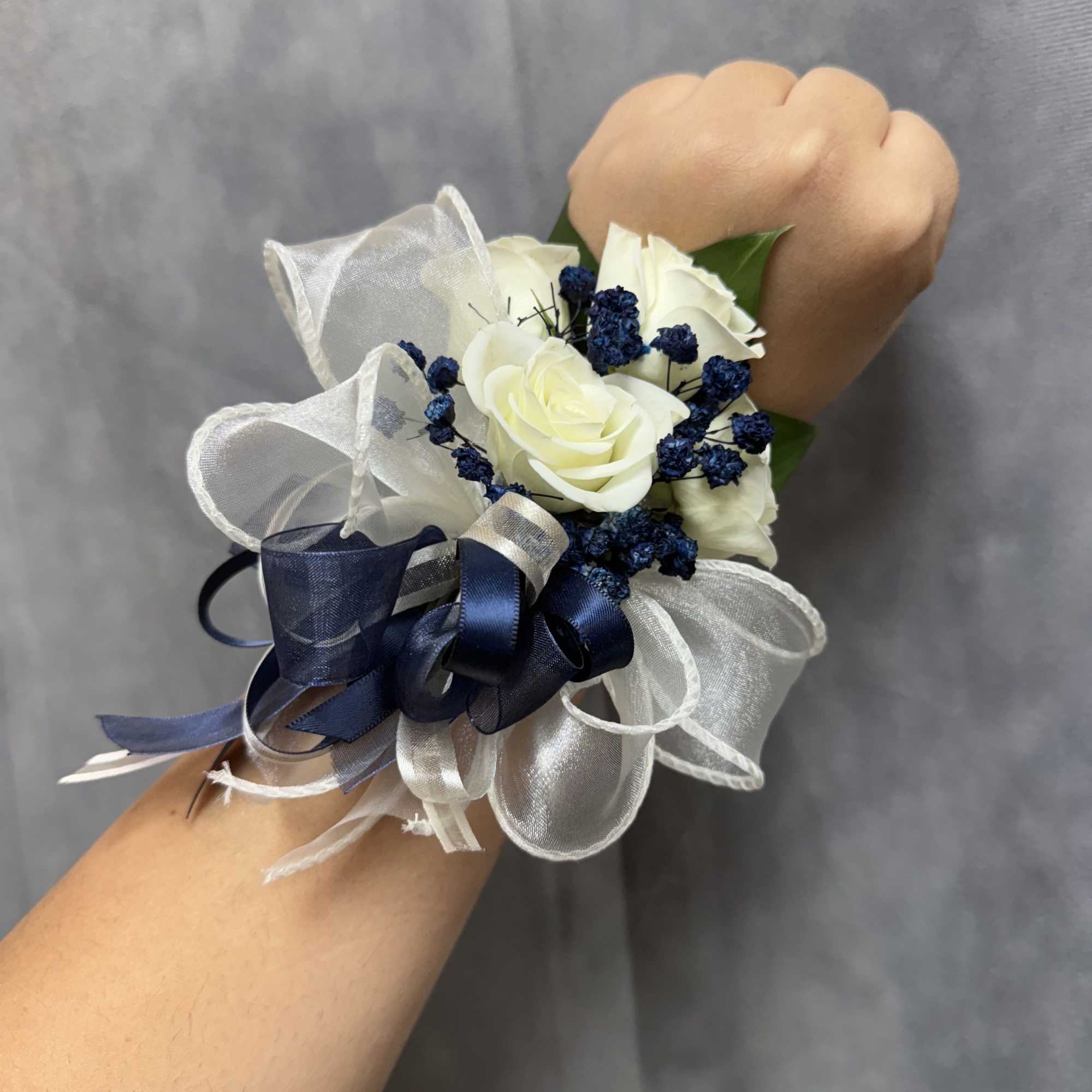 White navy spray roses wrist corsage, photo 2 of 2
