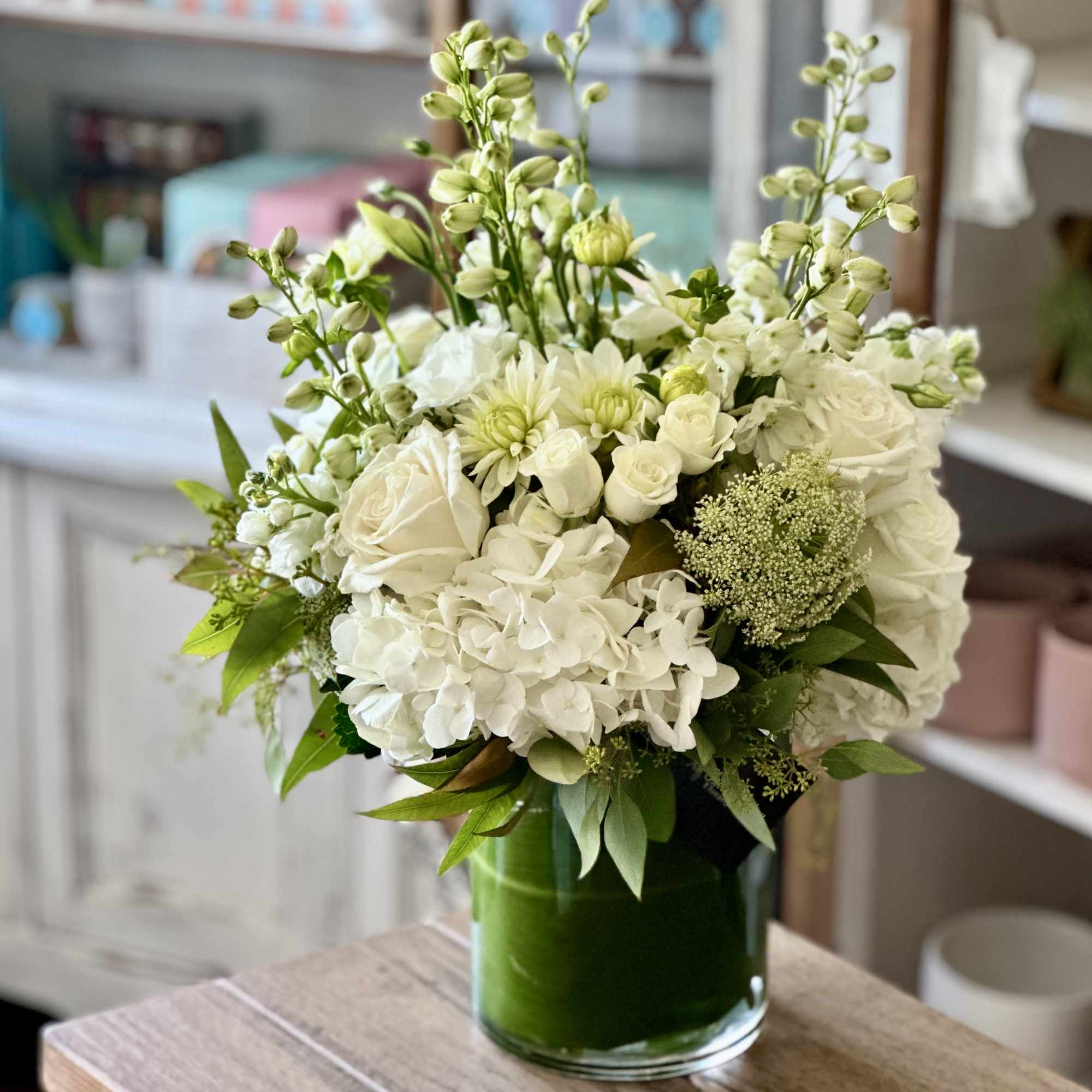 The Palos Verdes Arrangement is a mix of white and green florals, photo 2 of 2