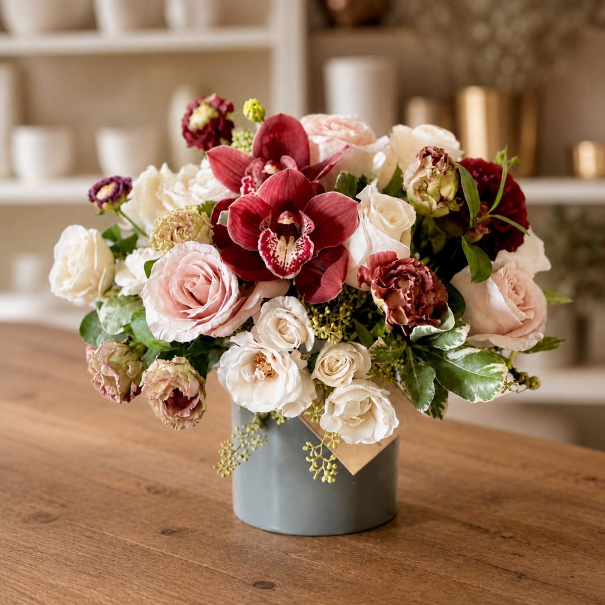 Mixed bouquet of roses and orchids in a gray vase