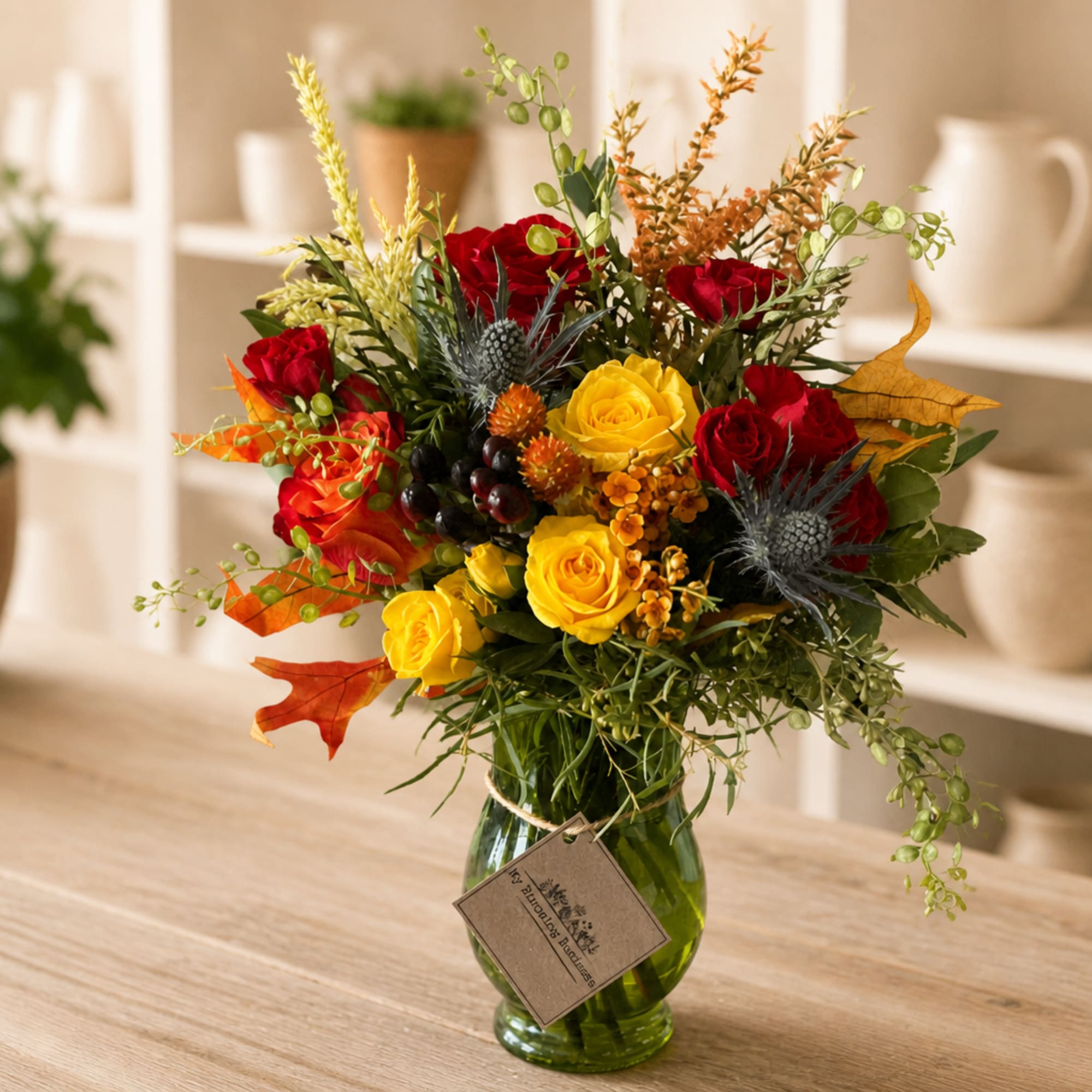 Bouquet of red and yellow roses in a green glass vase
