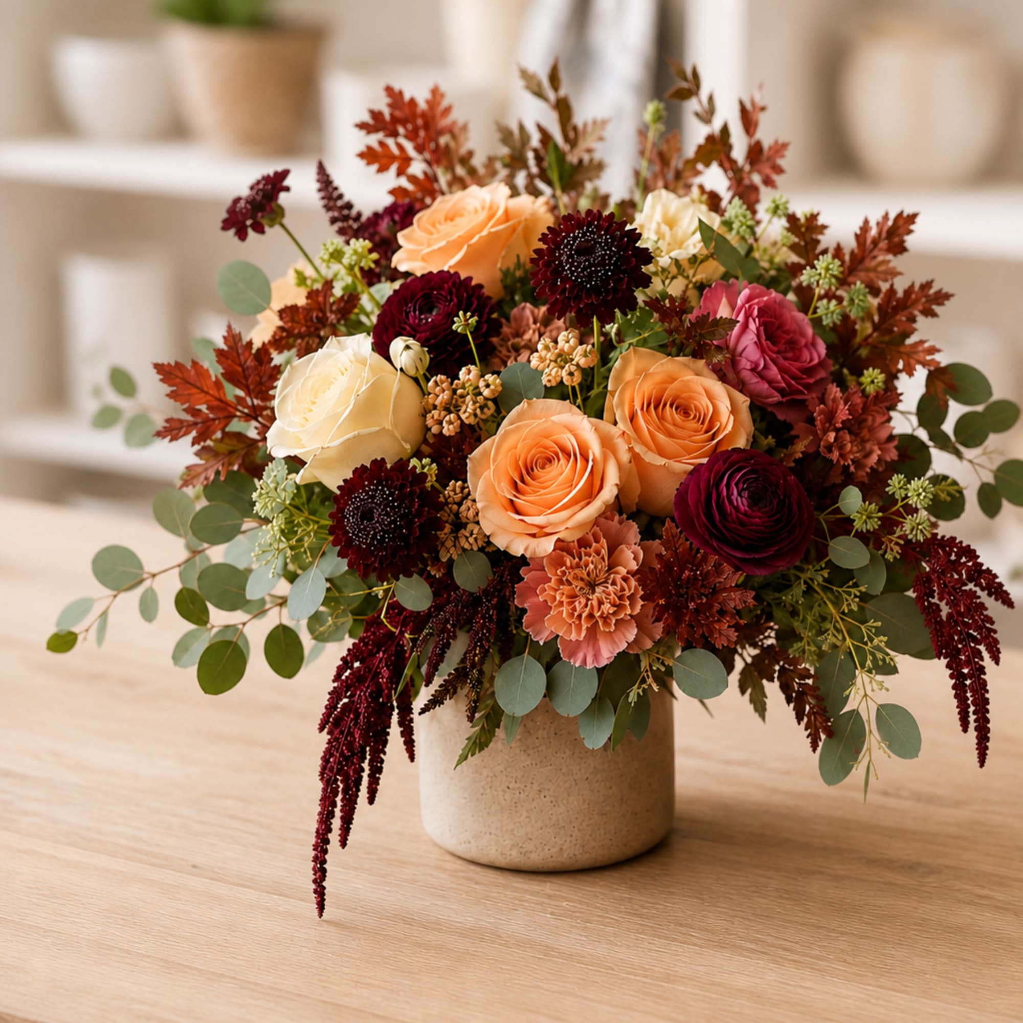 Mixed bouquet of peach, cream, and burgundy flowers in a beige vase