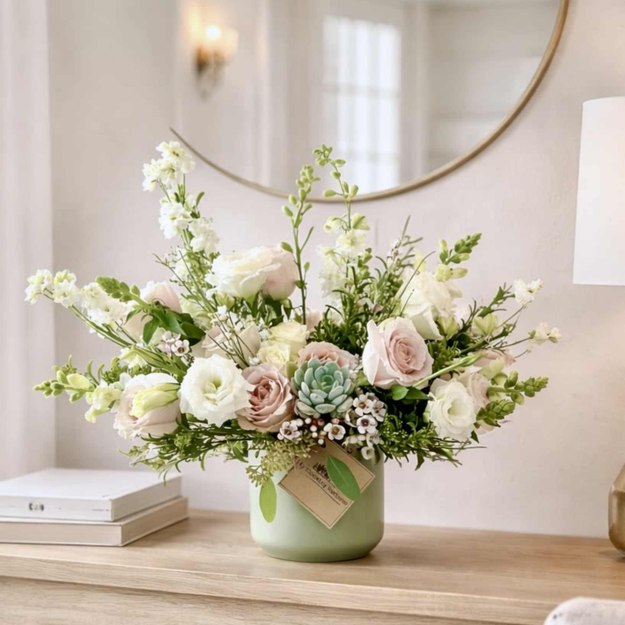 Pastel bouquet of roses and white blooms in a green vase