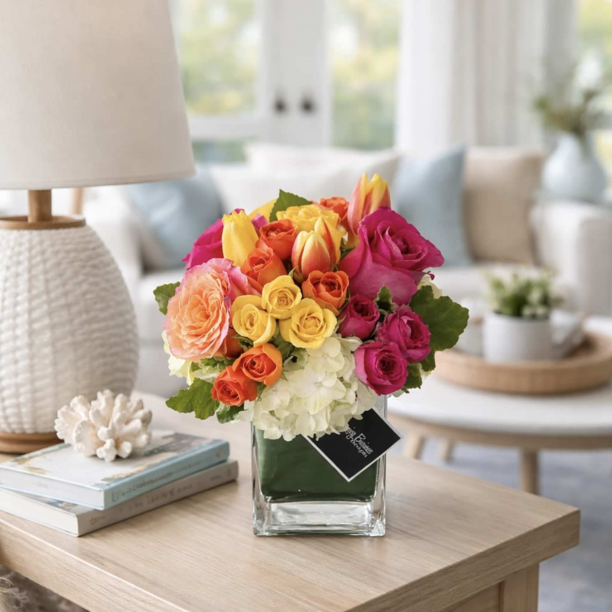 Colorful bouquet of roses and tulips in a glass vase, photo 3 of 3
