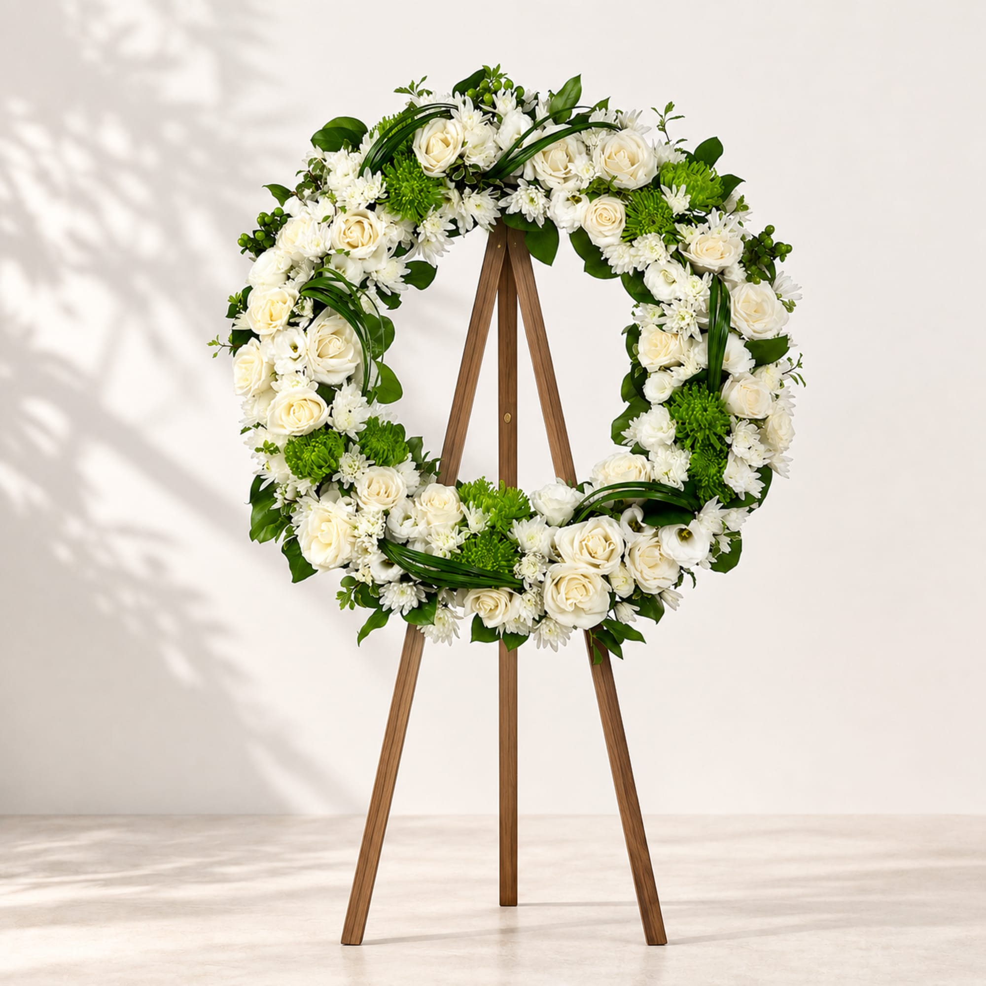 A beautiful white and green tribute wreath that calms, this easel arrangement, photo 2 of 2