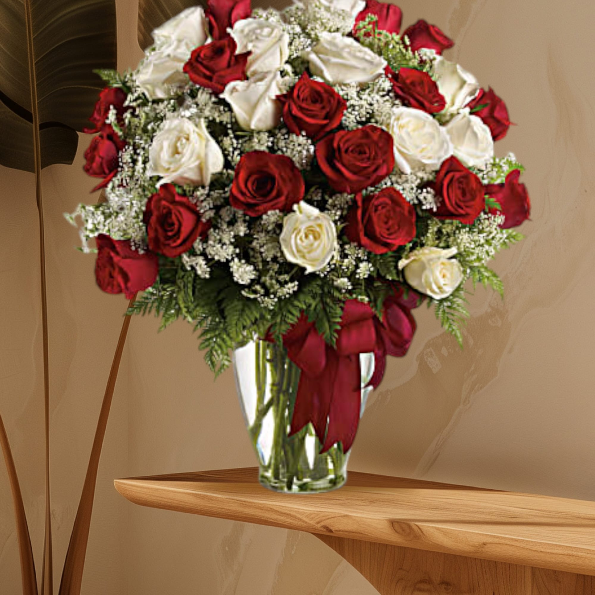 Red and white roses arranged in a clear glass vase