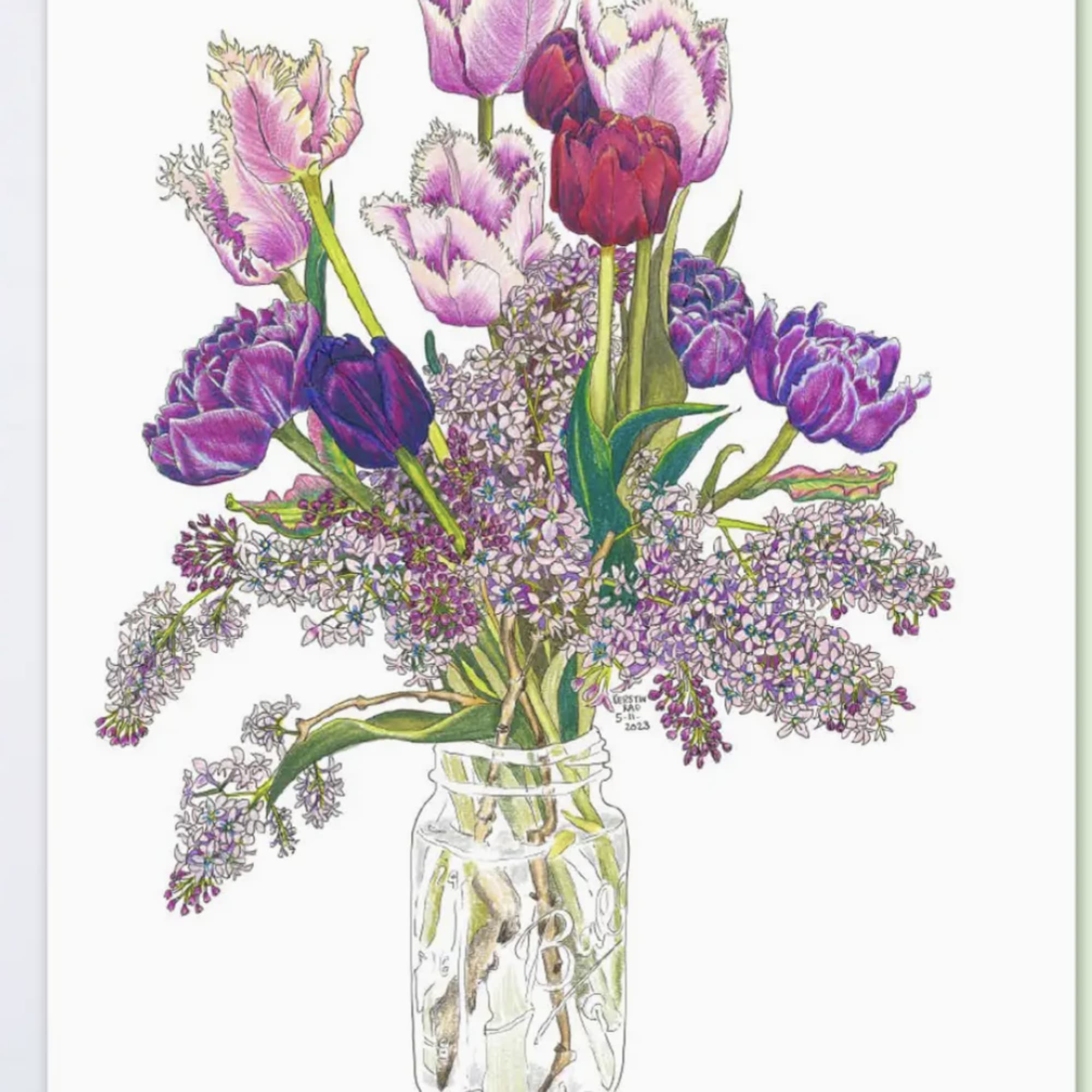 Purple tulips and lilac in a clear glass jar