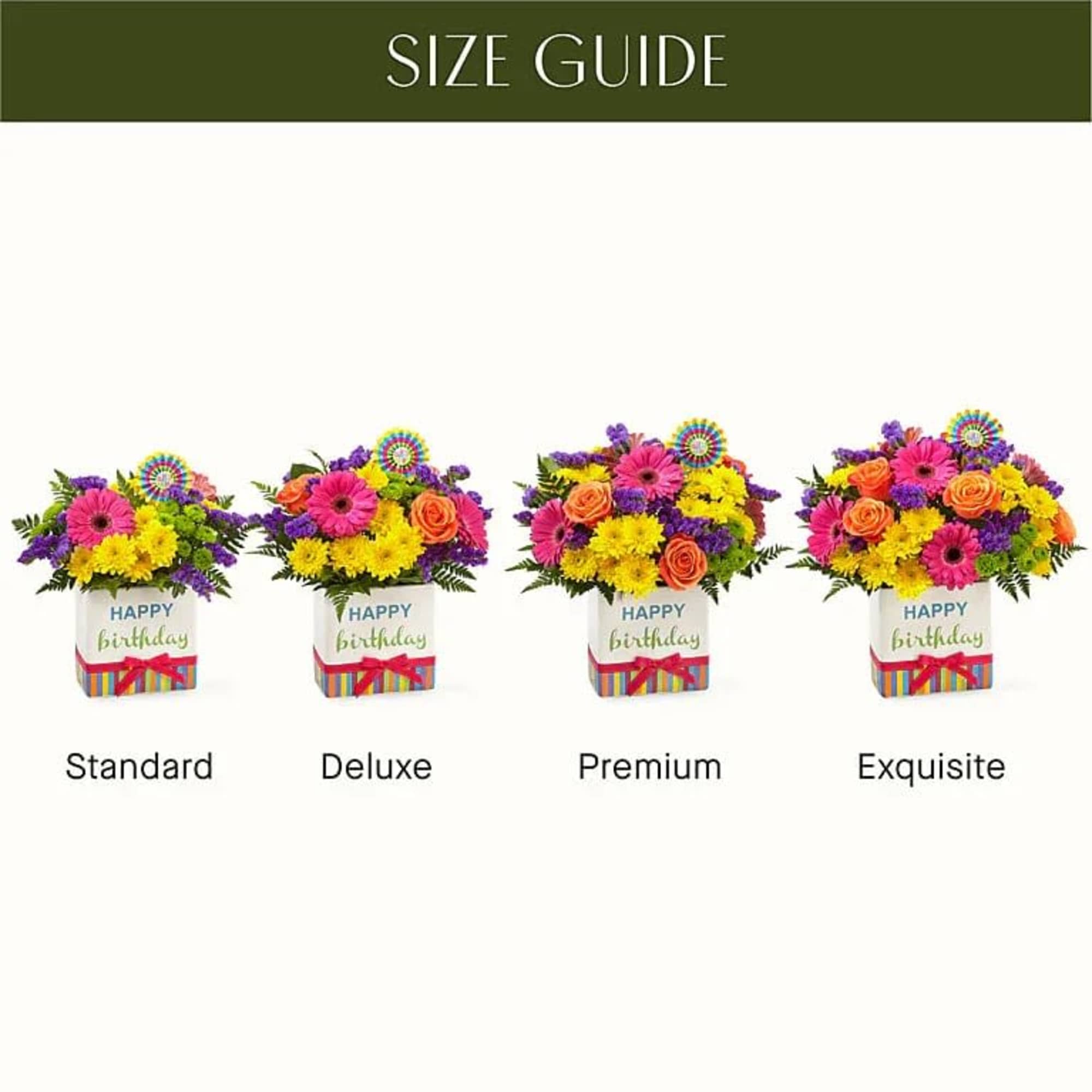 Four colorful birthday flower arrangements in gift boxes labeled Standard to Exquisite.