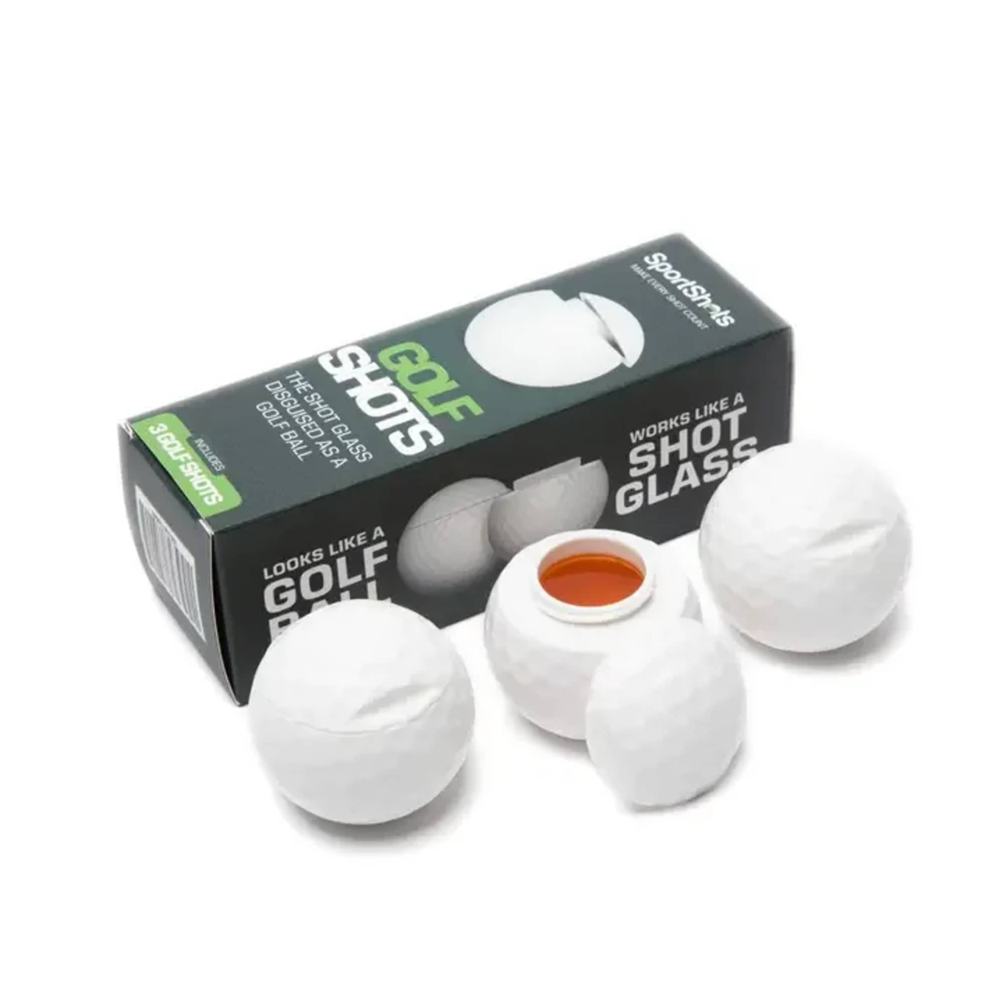 Box of golf ball-shaped shot glasses with one open glass