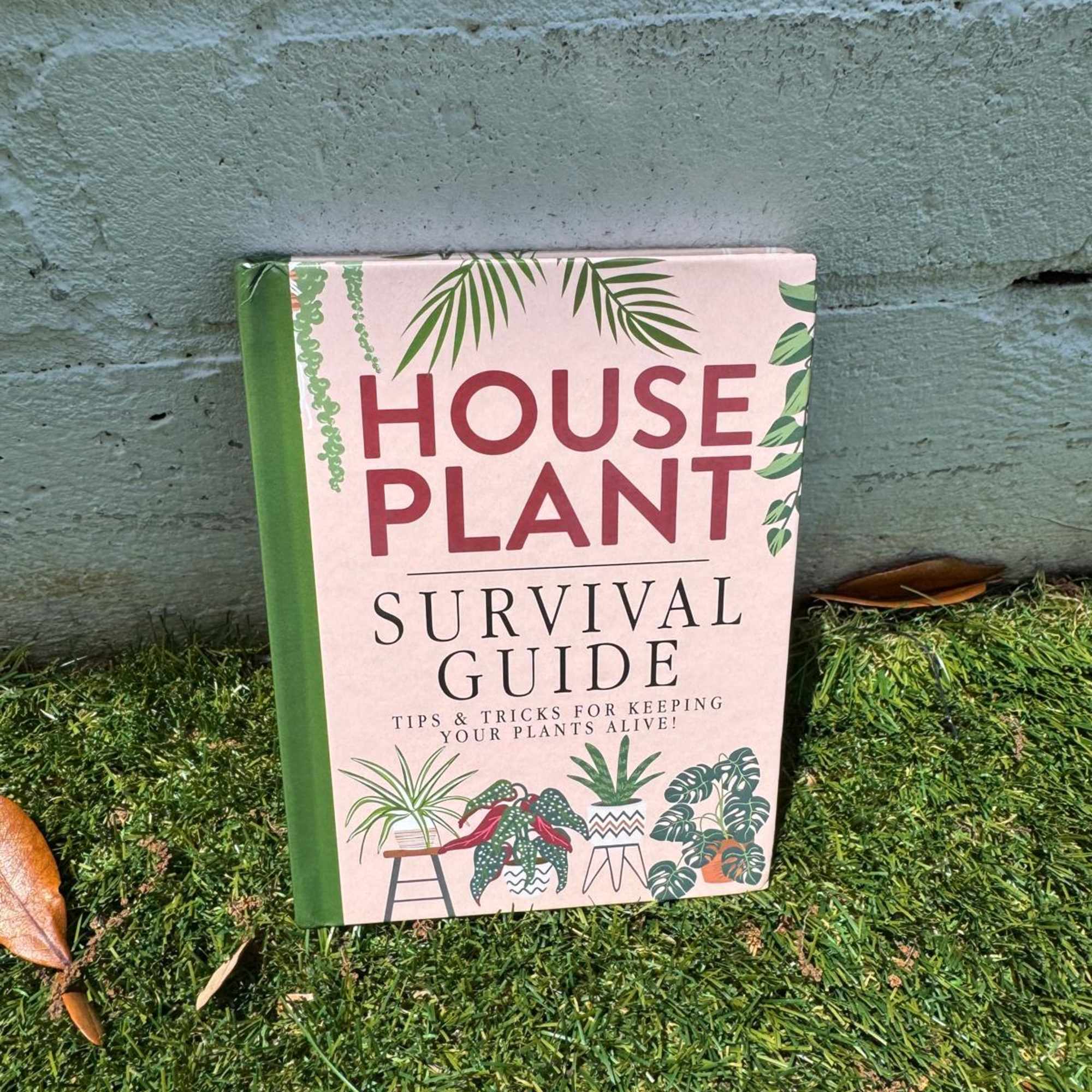 A book titled House Plant Survival Guide leaning against a wall on grass.