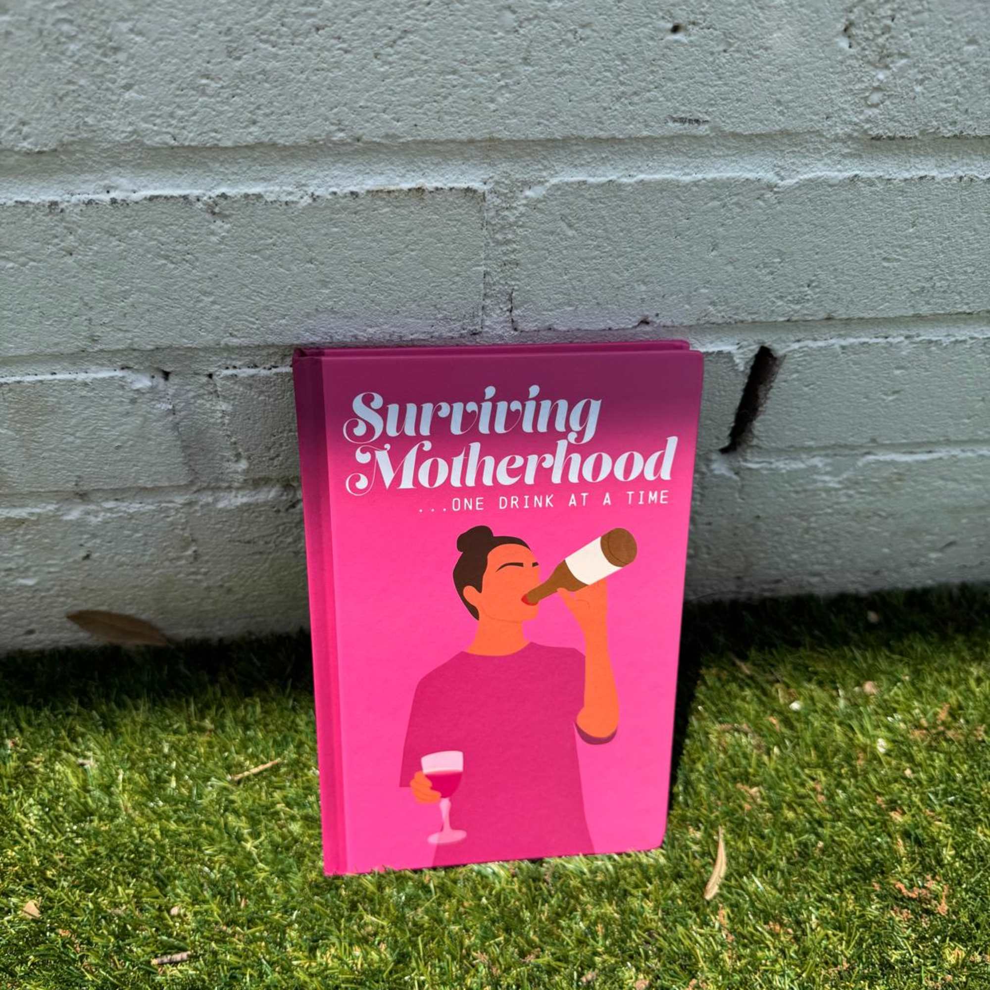 Pink book titled Surviving Motherhood leaning against a brick wall