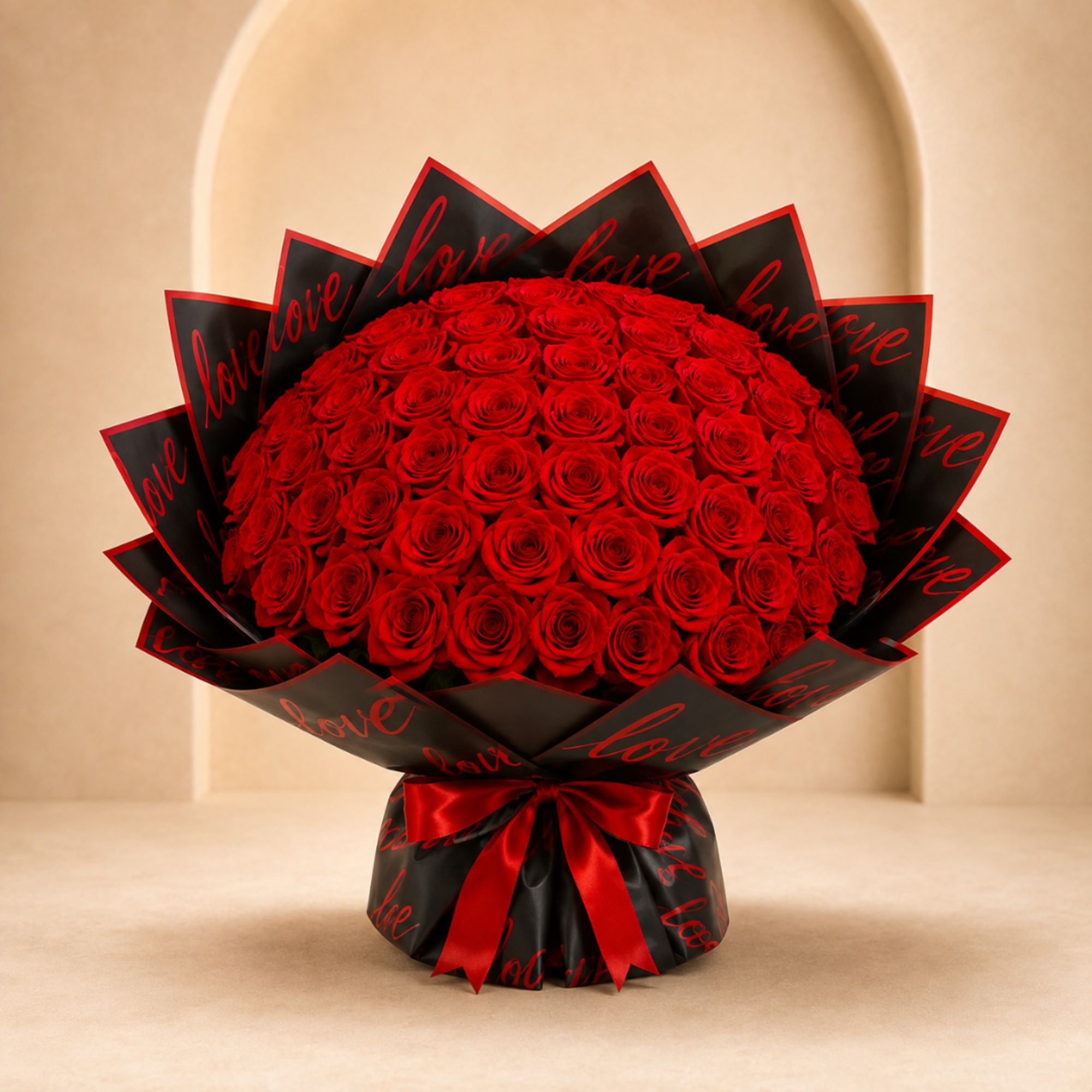 Large bouquet of red roses wrapped in black paper with red ribbon