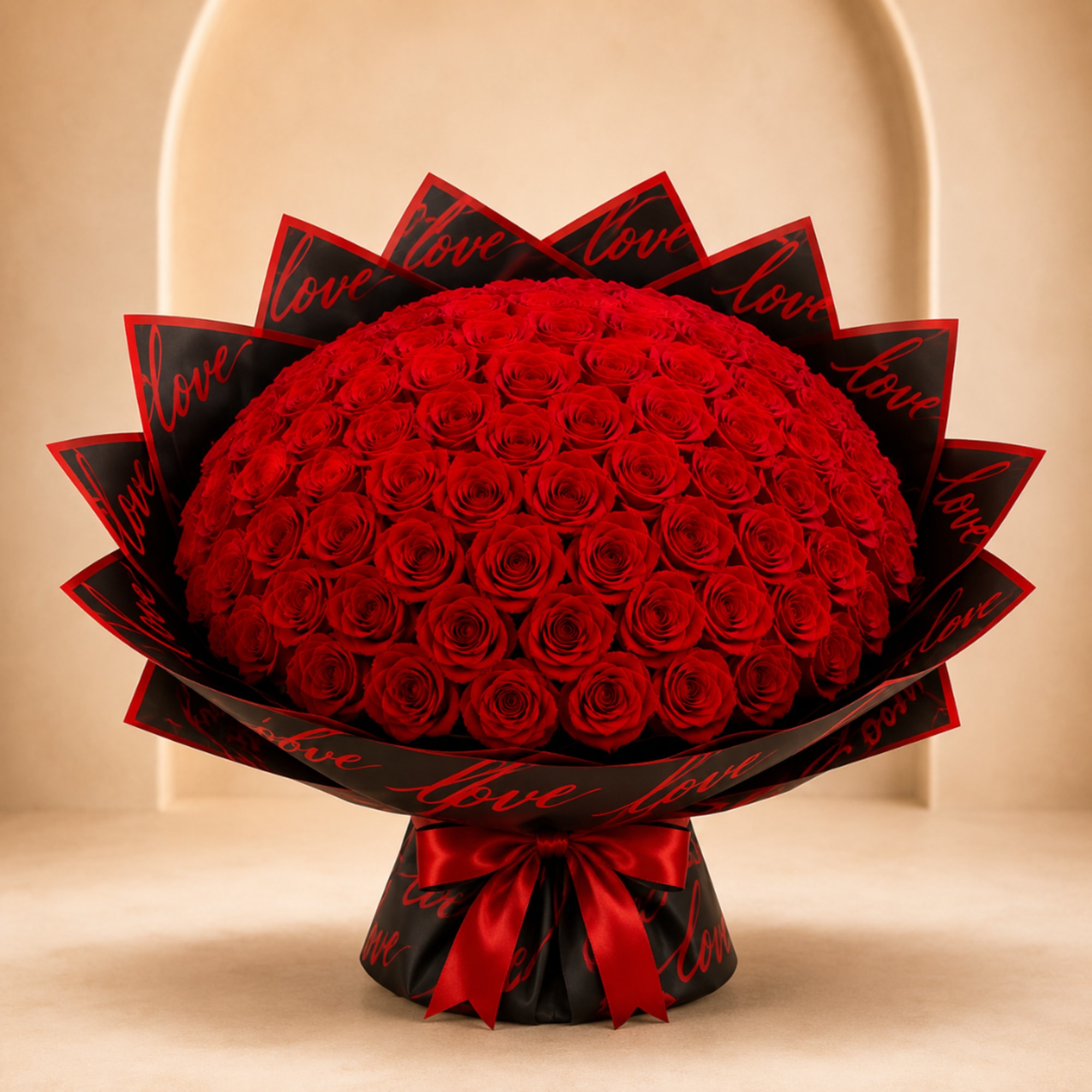 Large bouquet of red roses wrapped in black paper with red "love" text and a red ribbon