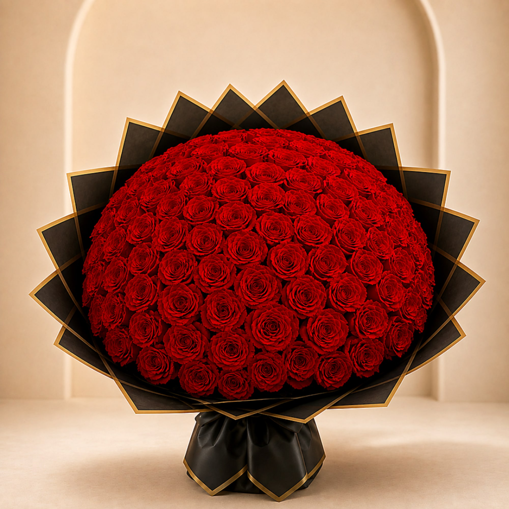 Large dome bouquet of red roses wrapped in black paper with gold trim