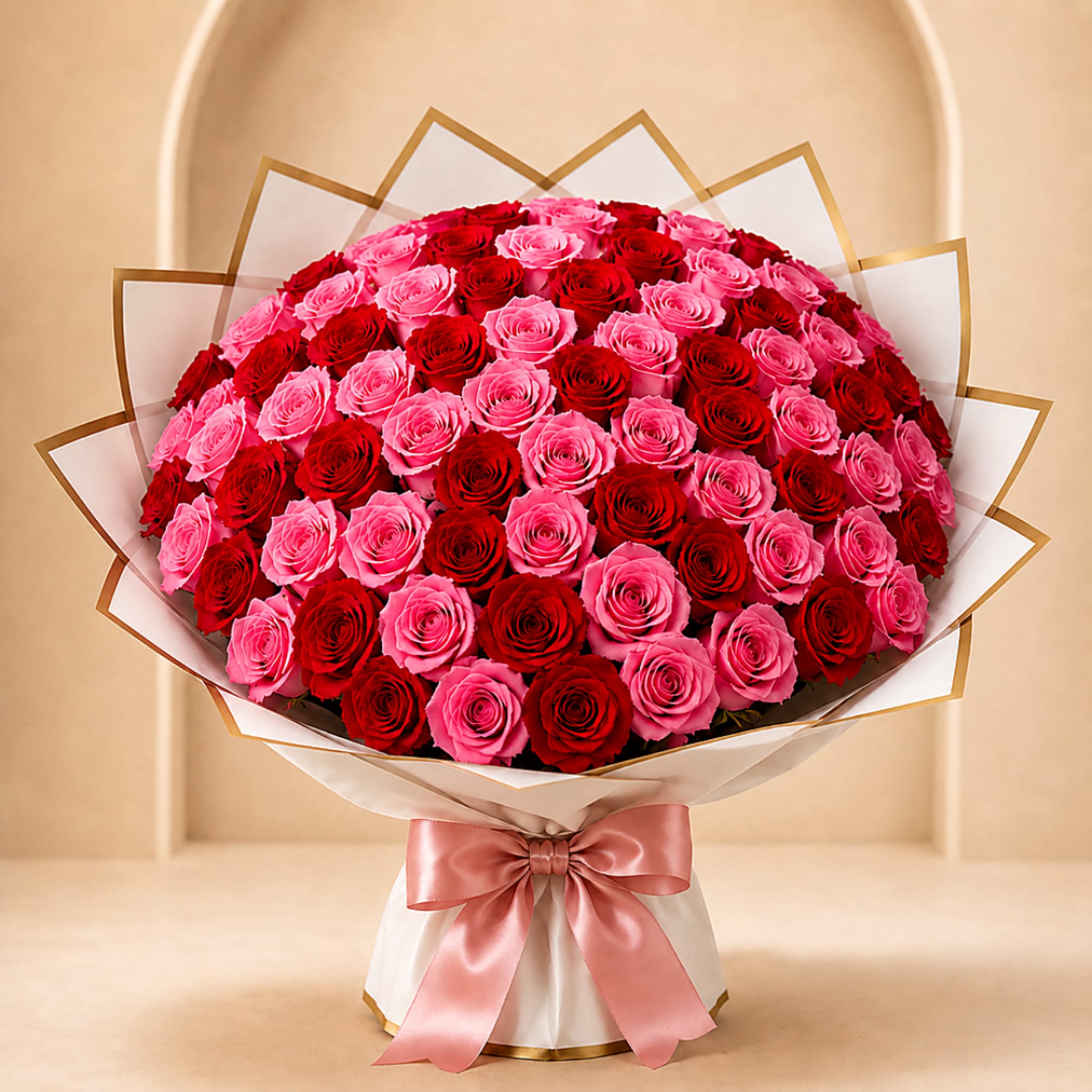Large bouquet of red and pink roses wrapped in white paper with a pink ribbon