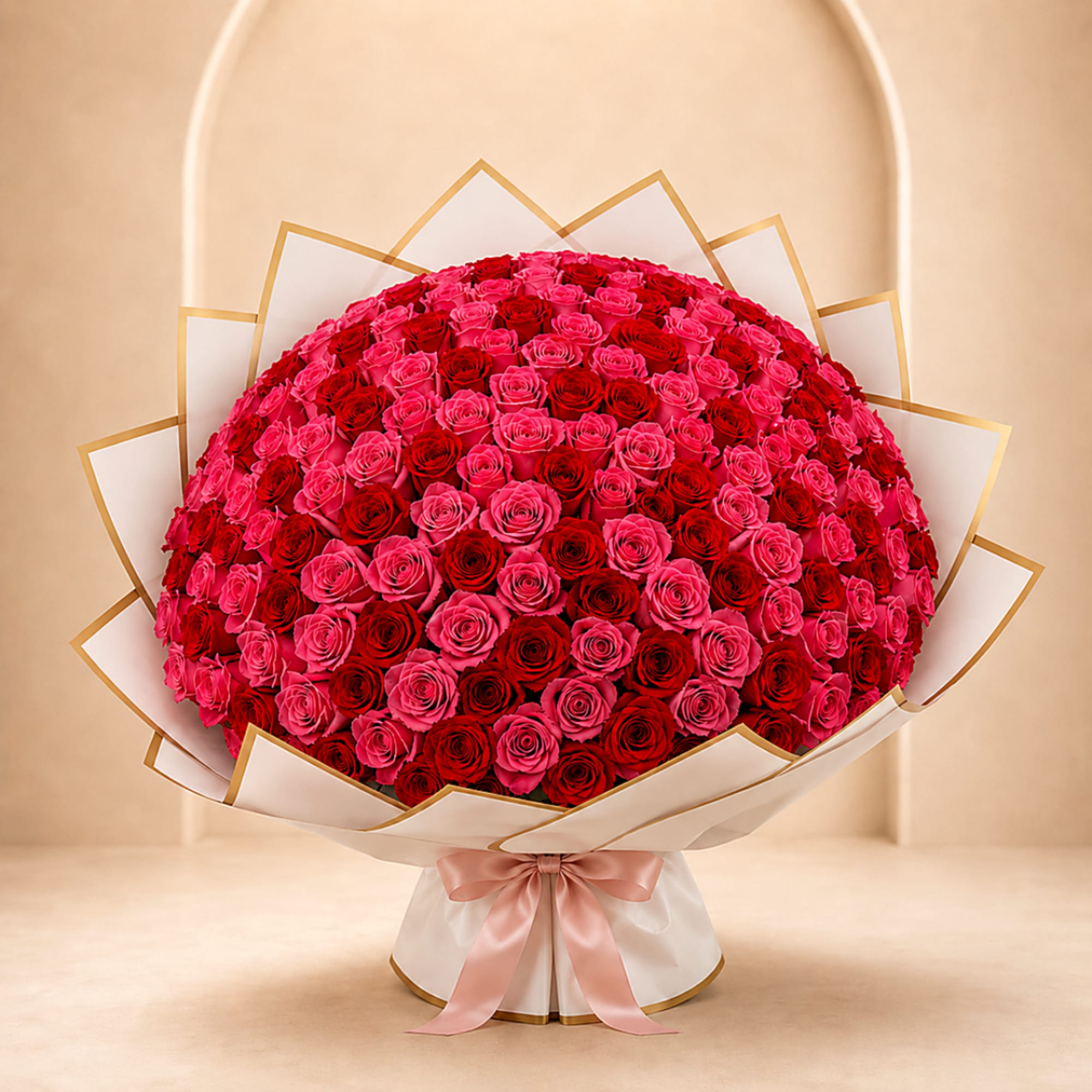 Large bouquet of pink and red roses wrapped in white paper with a pink ribbon