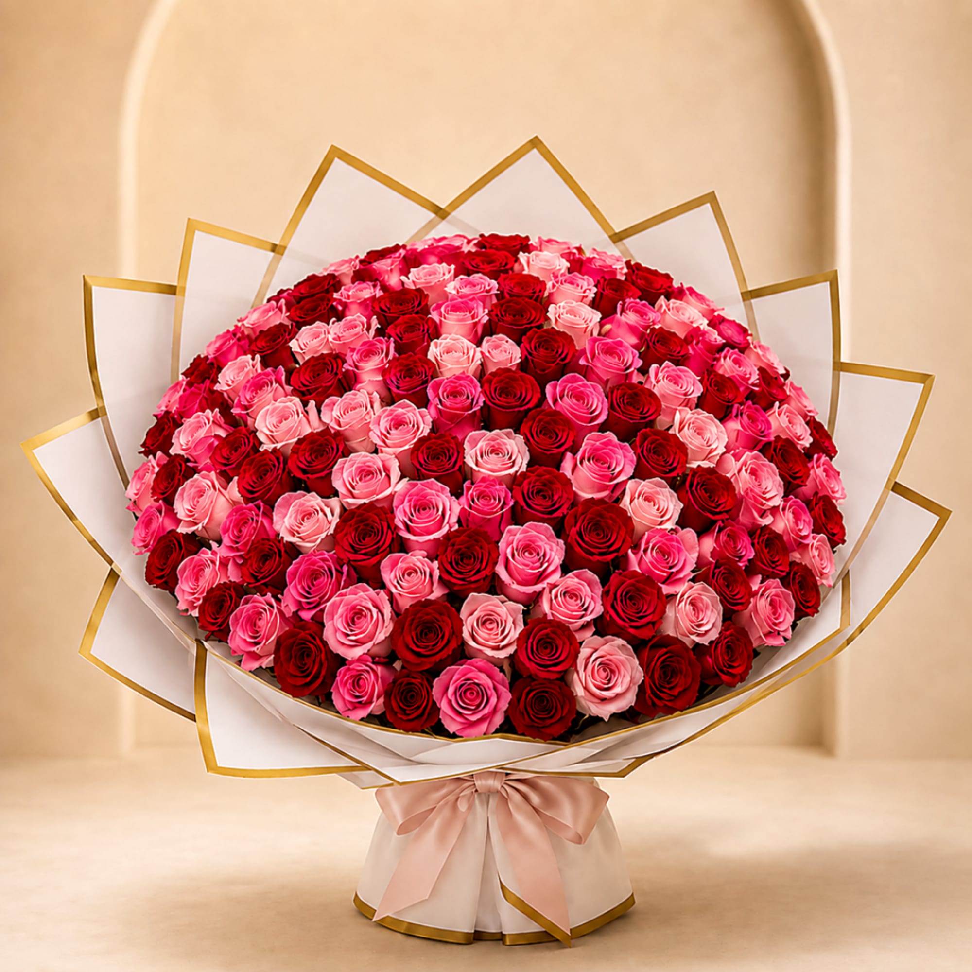 Large bouquet of red and pink roses wrapped in white paper with gold trim