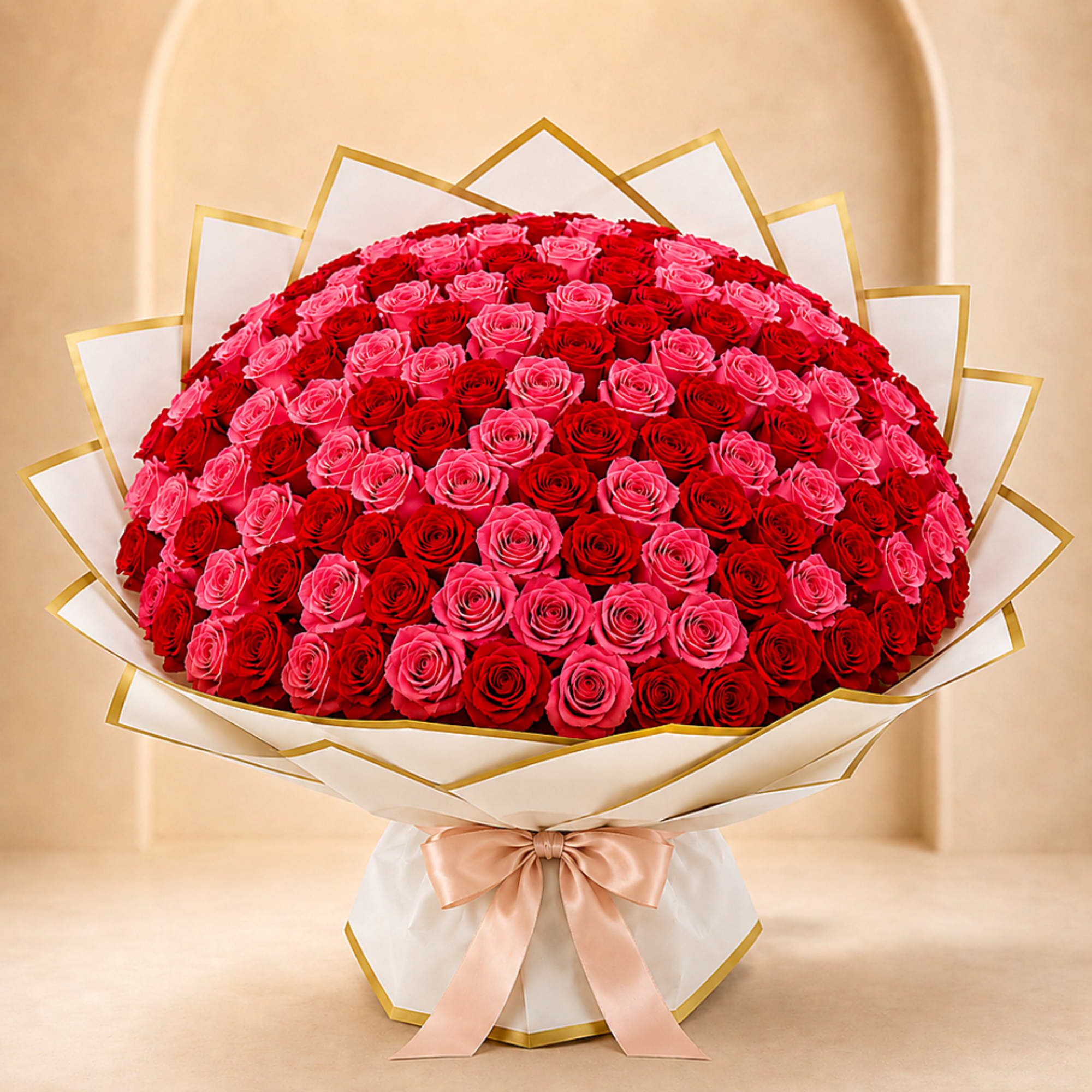 Large bouquet of red and pink roses wrapped in white paper with a ribbon