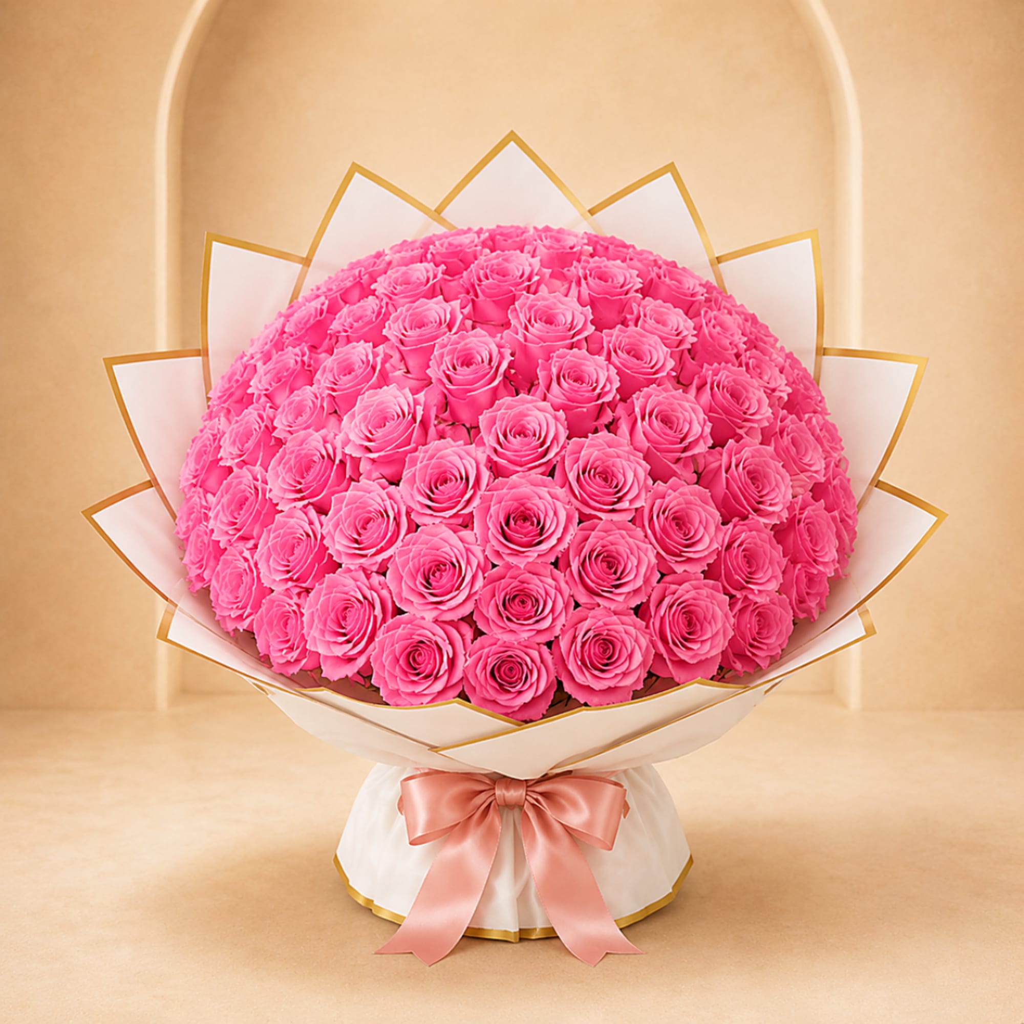 Large bouquet of bright pink roses wrapped in white paper with a satin bow