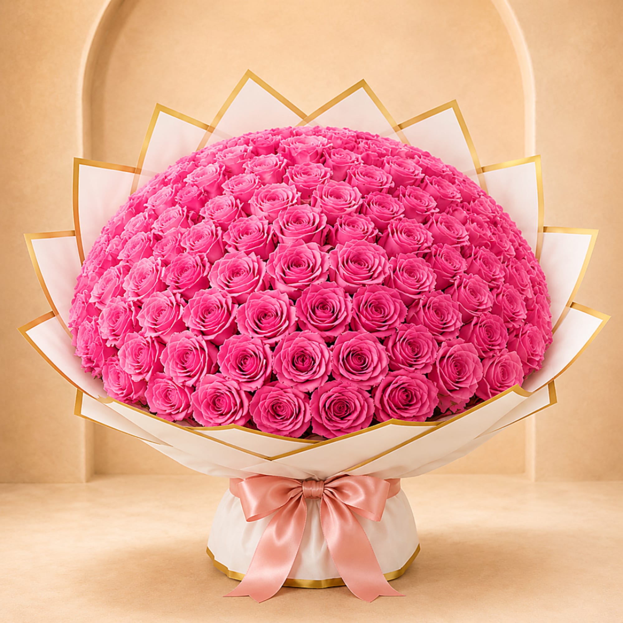Large bouquet of bright pink roses wrapped in white paper with a satin bow