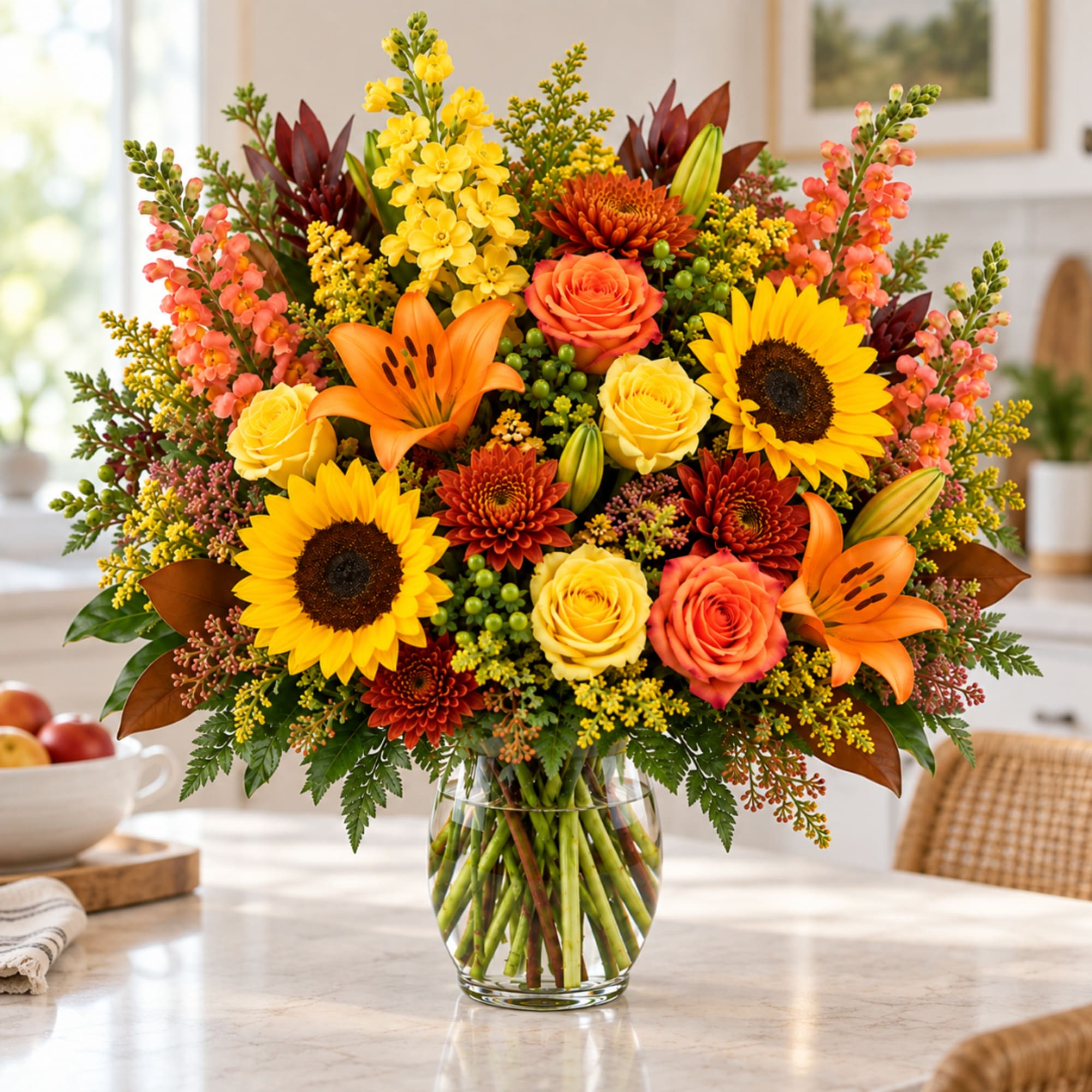 Bright mixed bouquet with sunflowers, roses, lilies, and chrysanthemums in a glass vase, photo 3 of 3