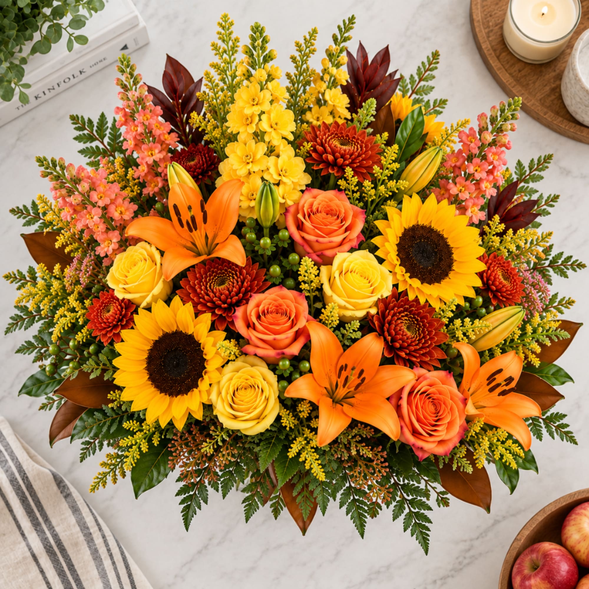Mixed bouquet with sunflowers, roses, lilies, and chrysanthemums