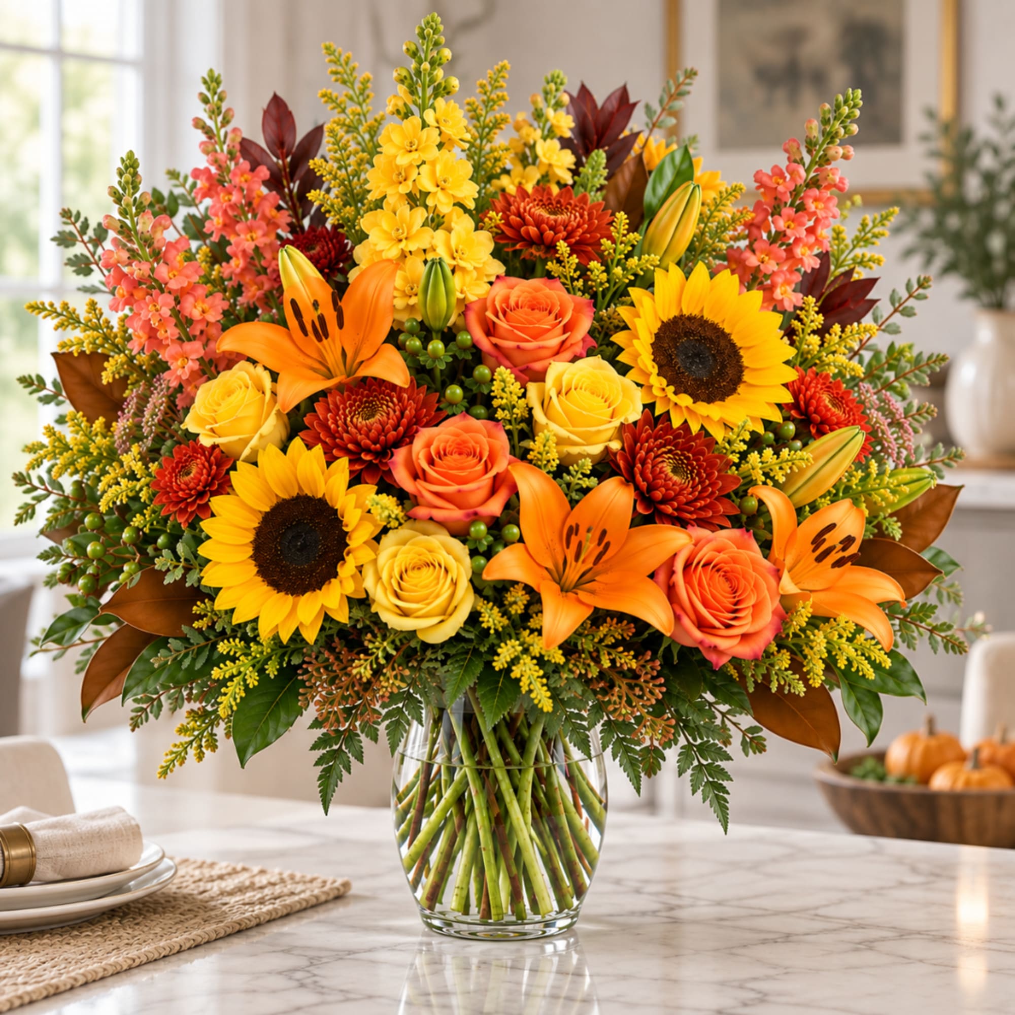 Autumn bouquet of sunflowers, roses, lilies, and mums in a glass vase