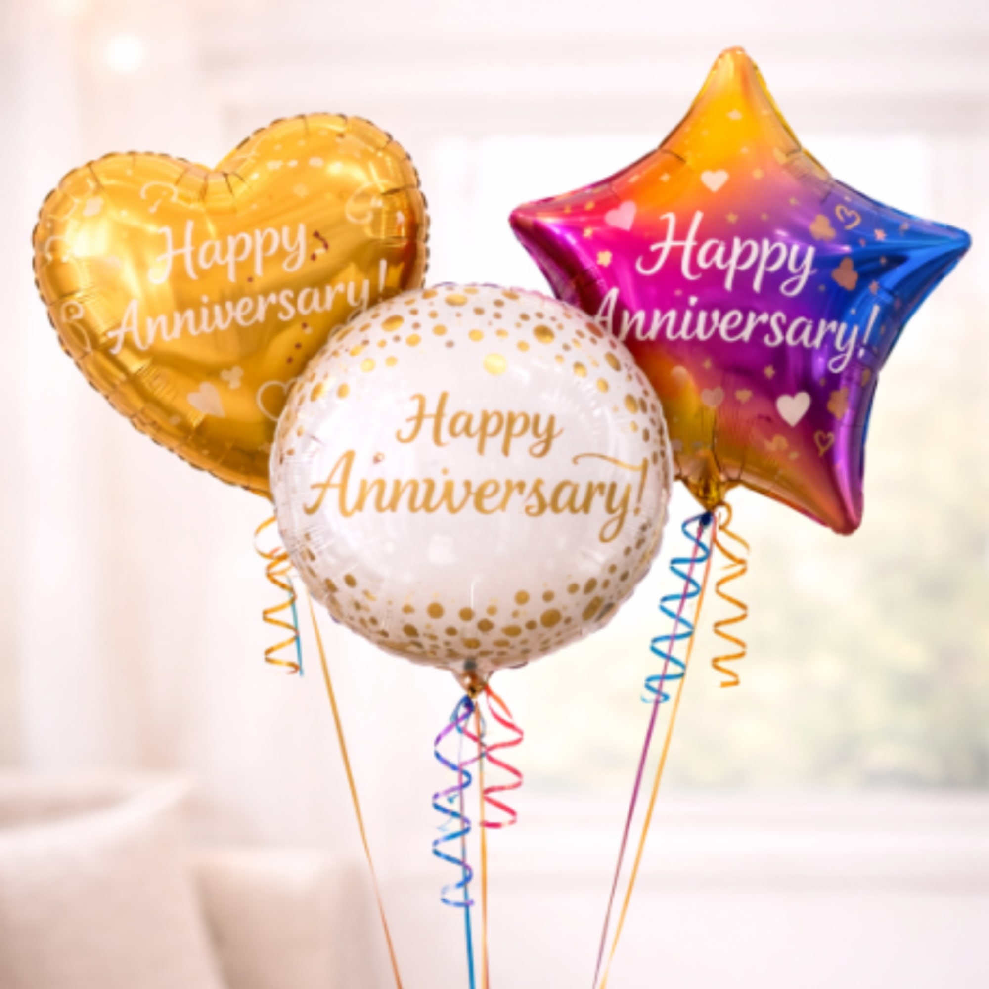 Three anniversary balloons in gold, white, and rainbow star shapes