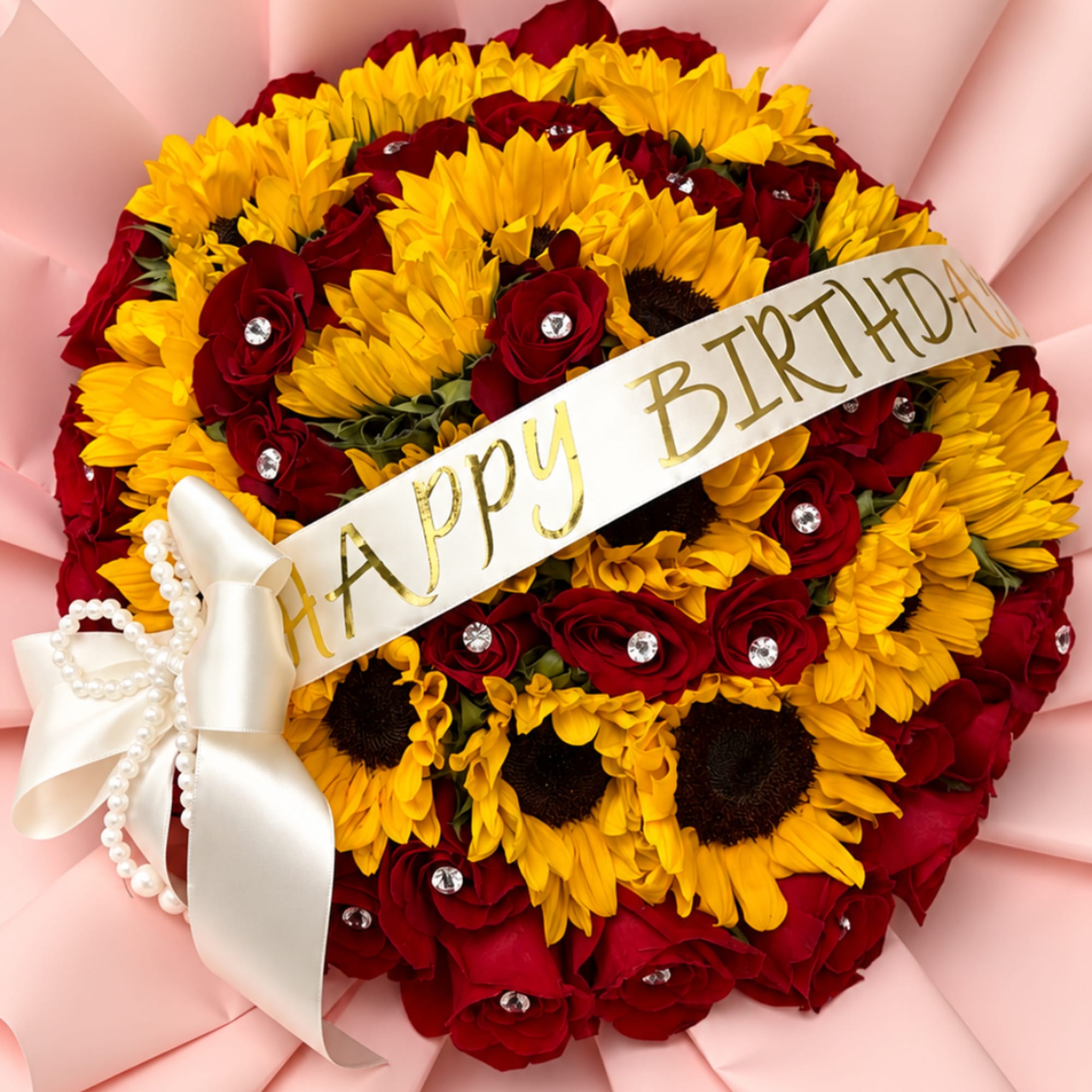 Round bouquet of red roses and yellow sunflowers with a birthday ribbon