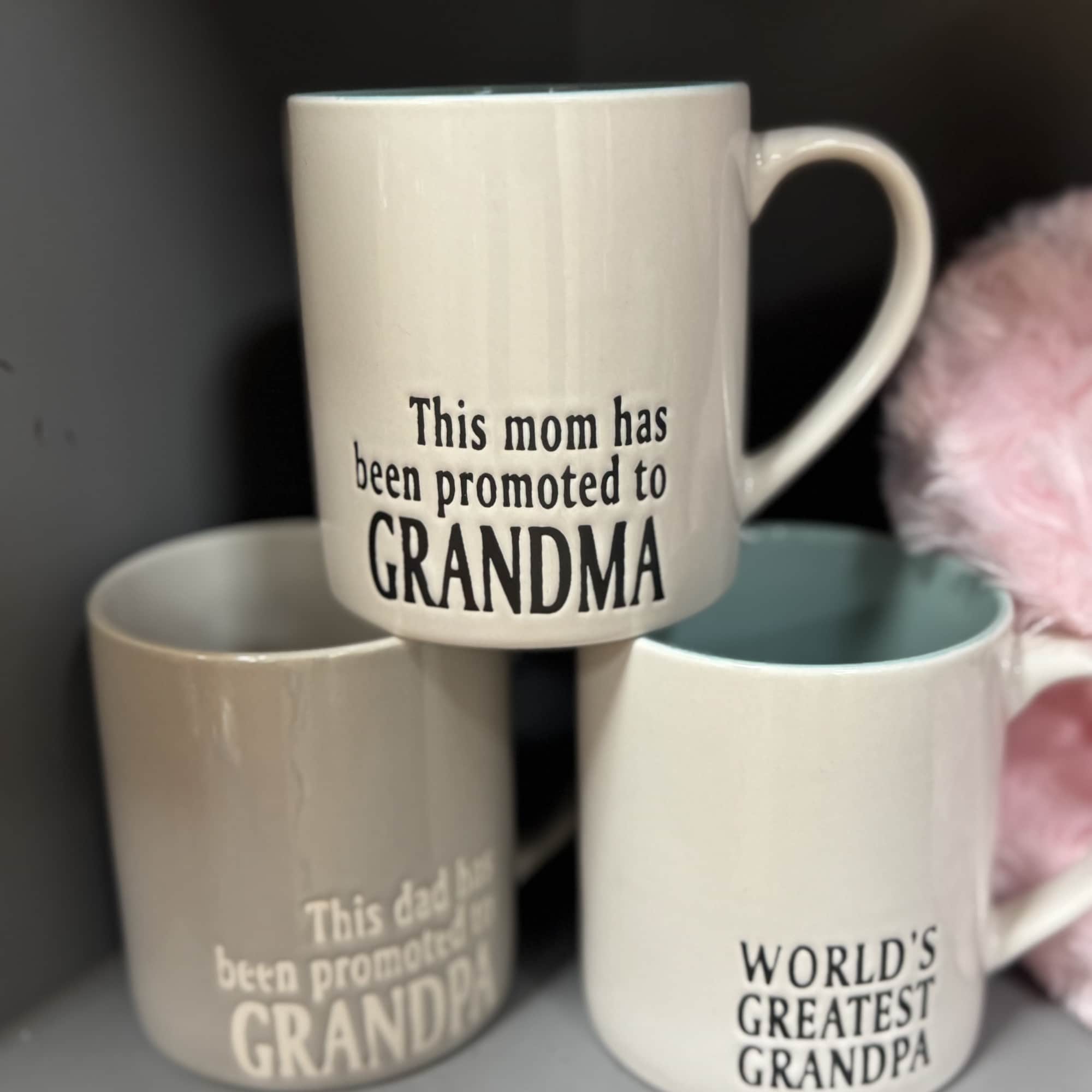 Three ceramic mugs with grandma and grandpa sayings