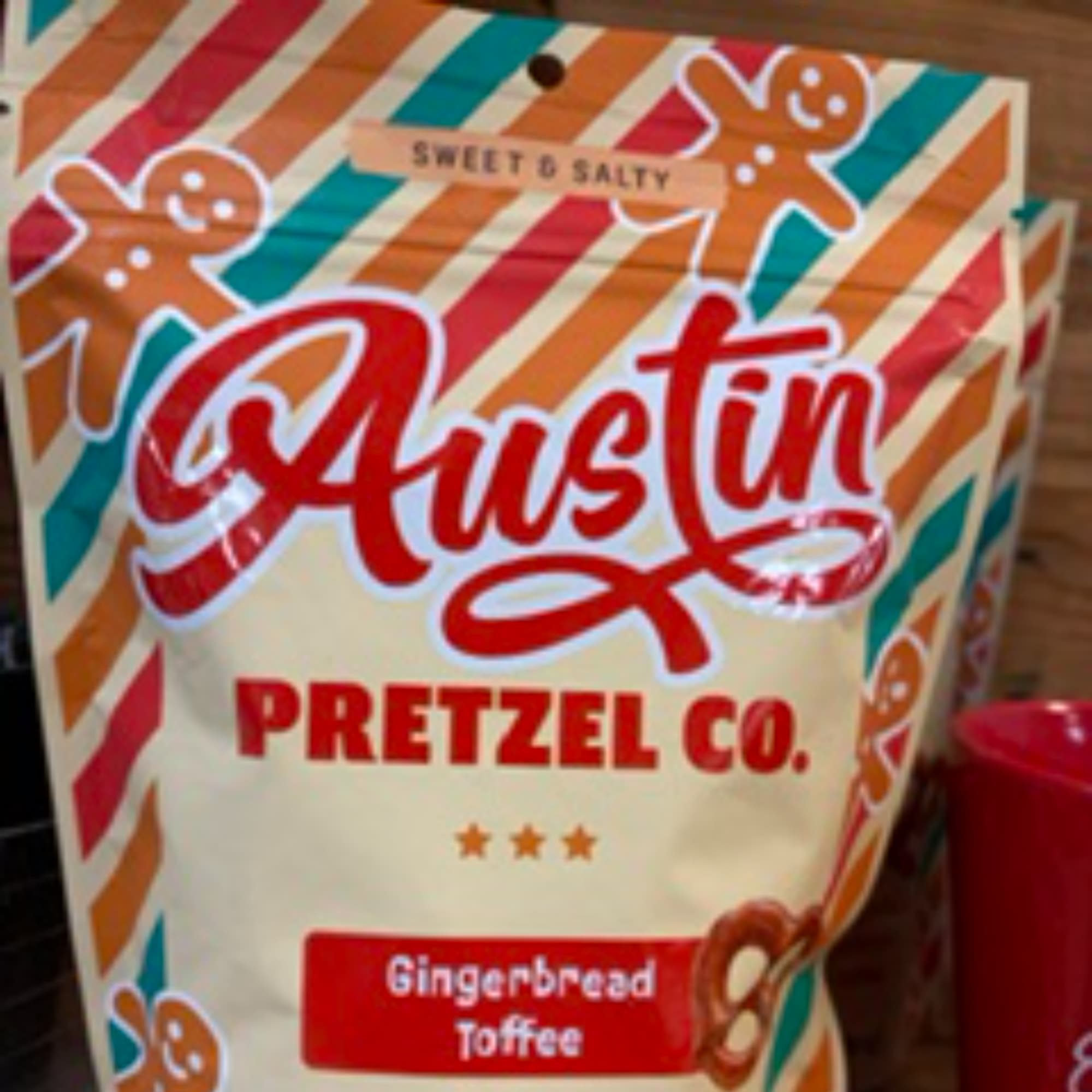 Austin Pretzel Co. gingerbread toffee snack bag with gingerbread graphics