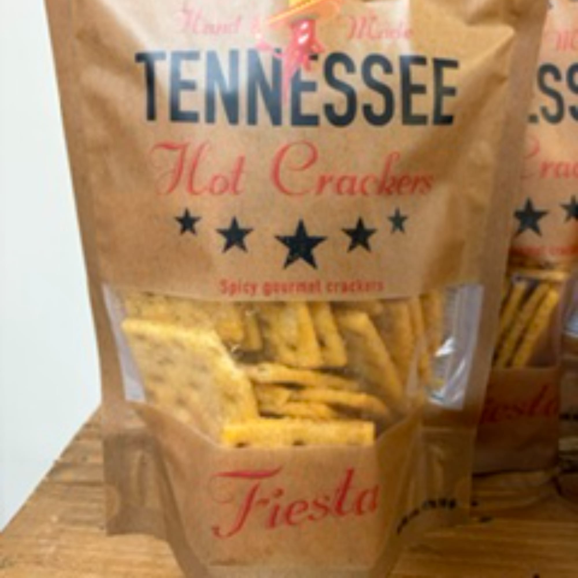 Bag of Tennessee hot crackers on a table