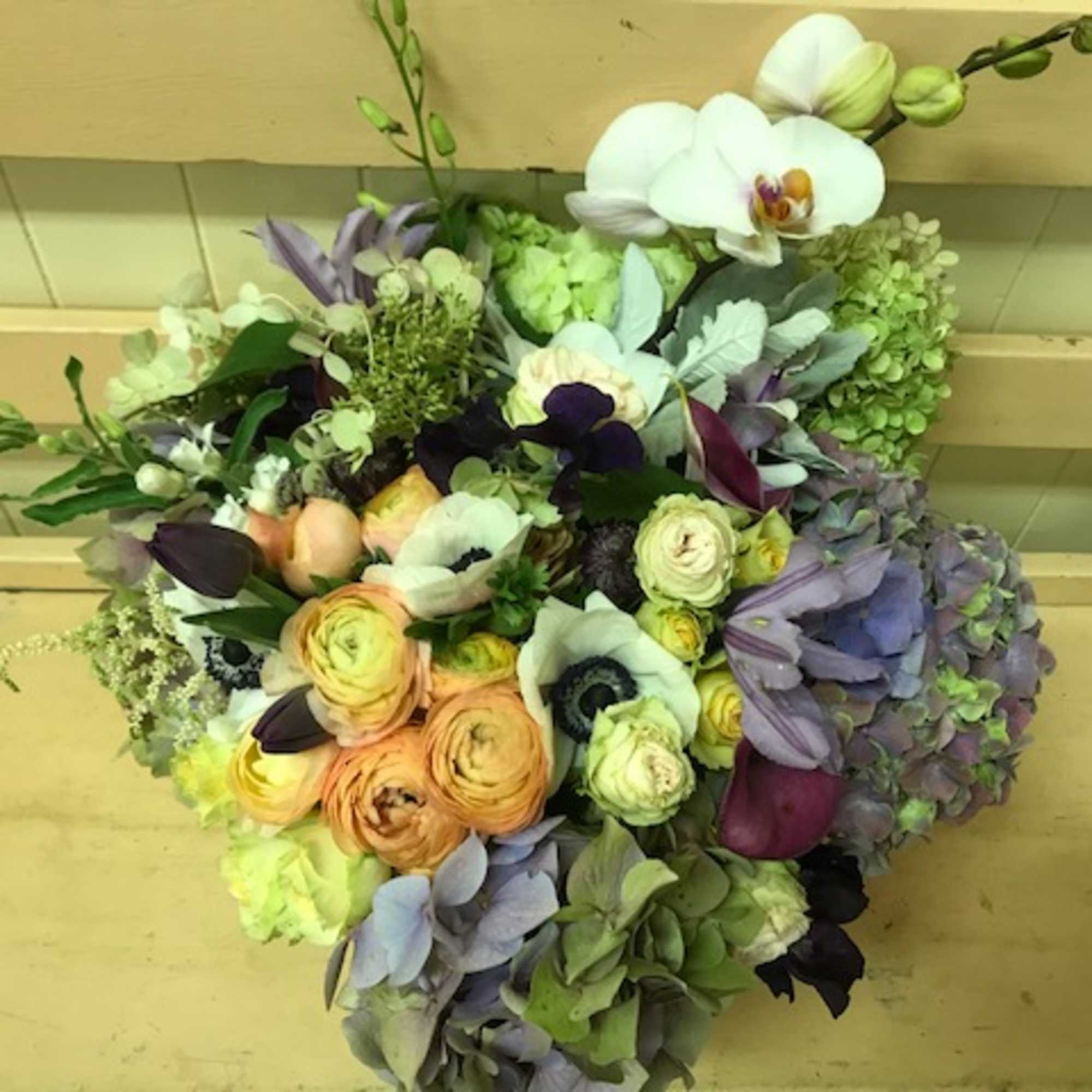 Stylish medley in purple, peach, white and green hues, presented in a, photo 6 of 8
