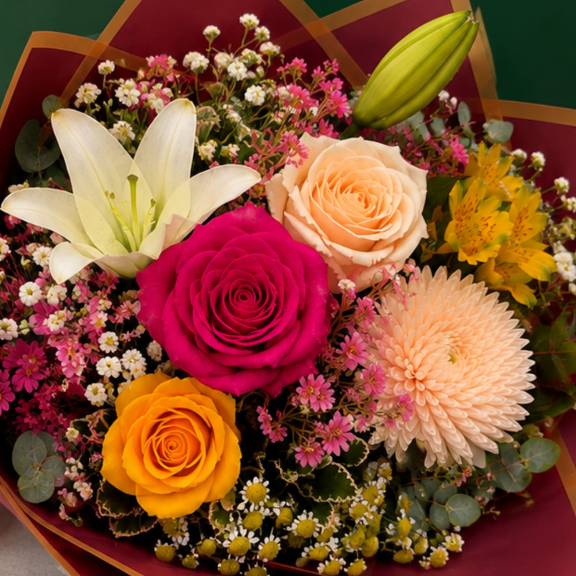 Mixed bouquet with roses, a white lily, and a peach chrysanthemum