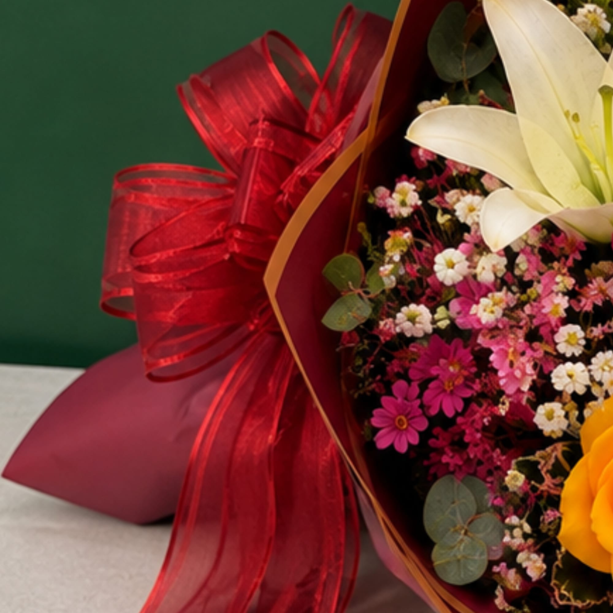 Bouquet with white lily, pink daisies, and a yellow rose wrapped in red ribbon