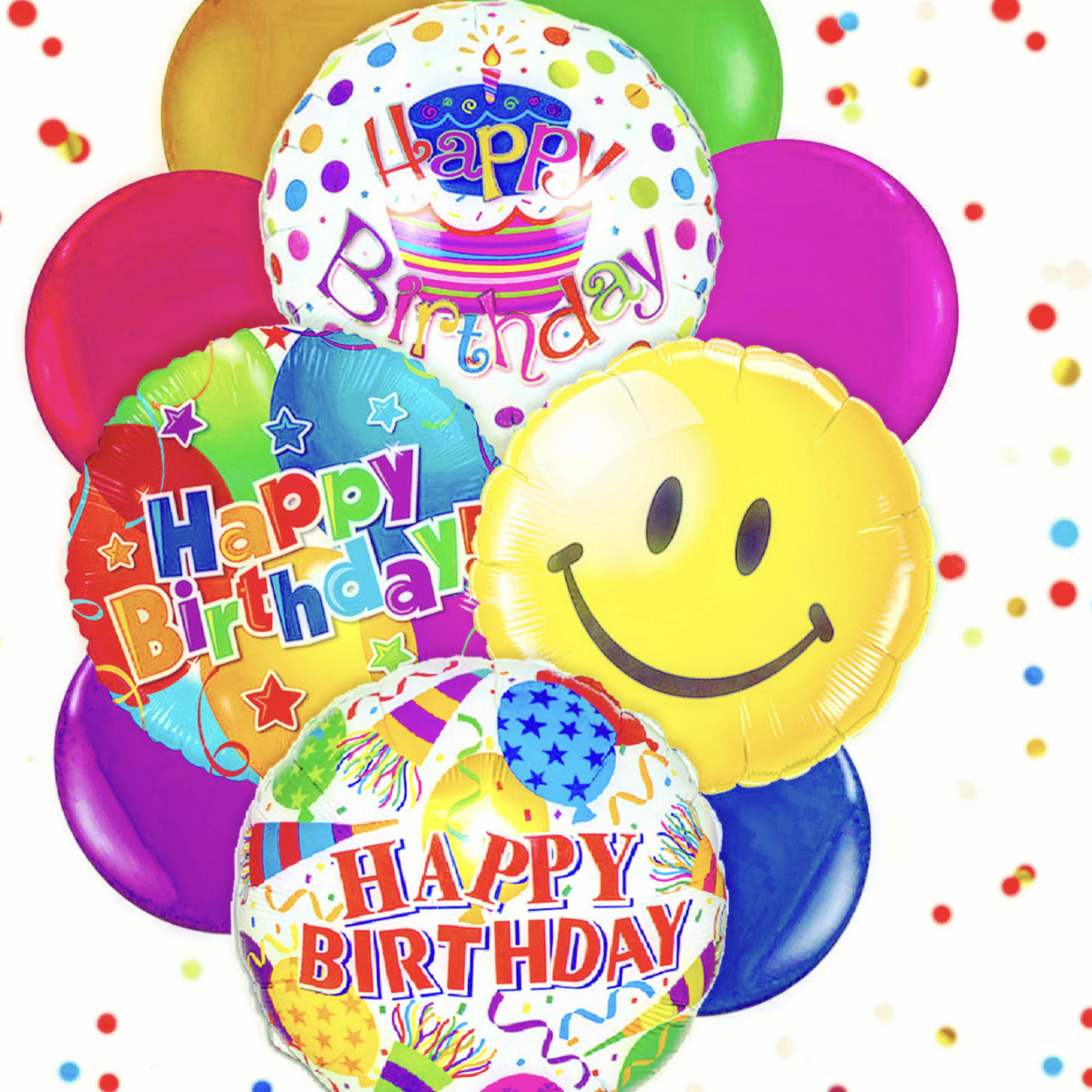 Cluster of colorful birthday balloons with confetti background