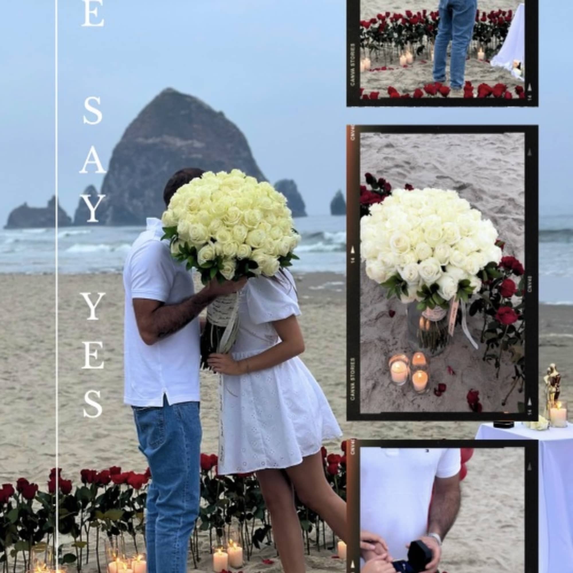 Large bouquet of white roses held by a couple on a beach