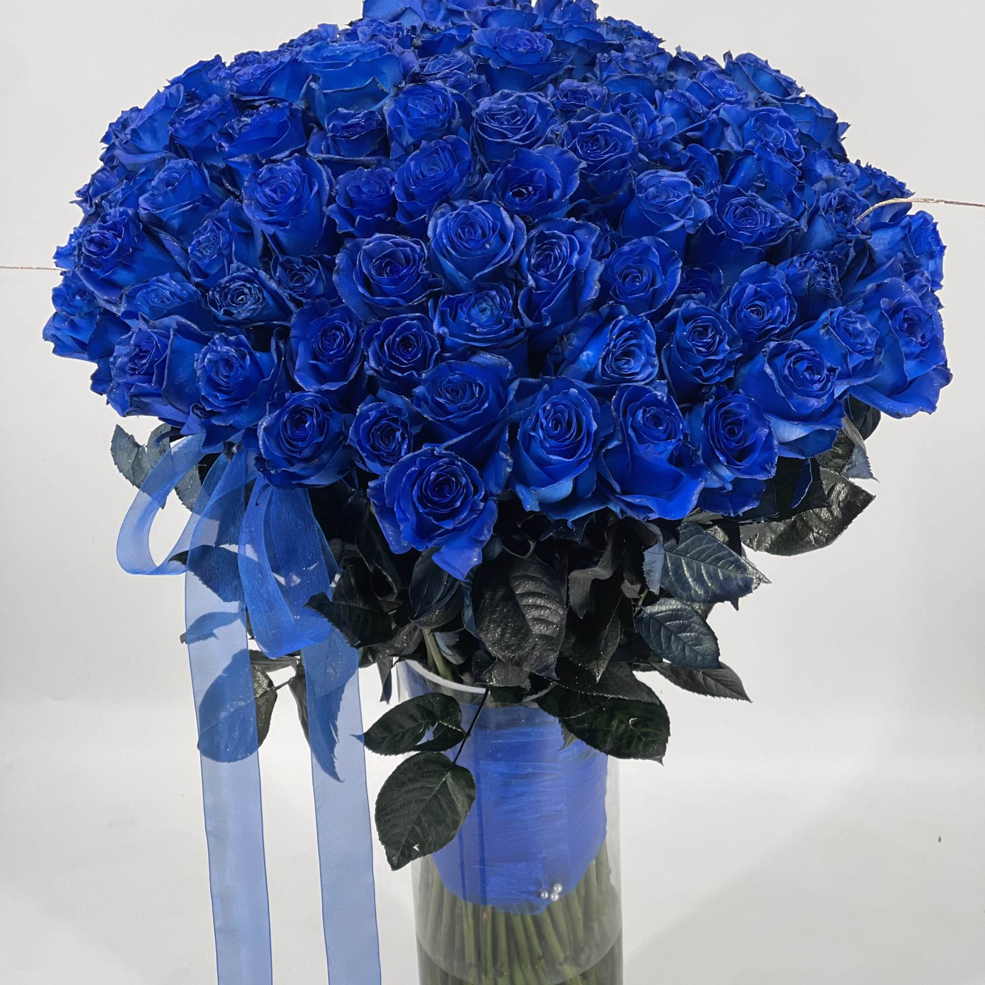 Large bouquet of vivid blue roses in a glass vase with ribbon